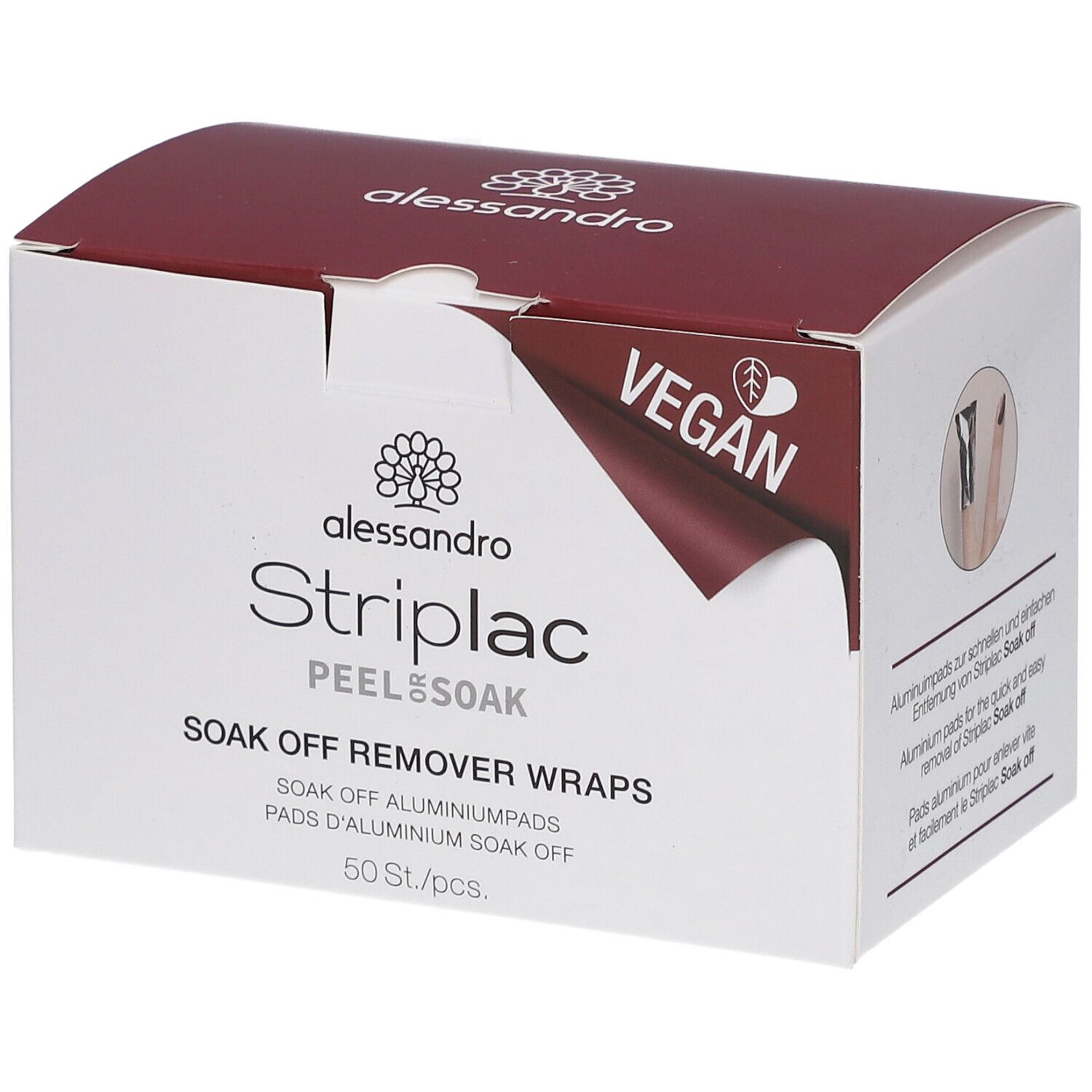 Box mit Striplac Peel & Soak Pads. Weiß, bordeauxrot. Vegan-Siegel. 50 Stück. Marke: alessandro.
