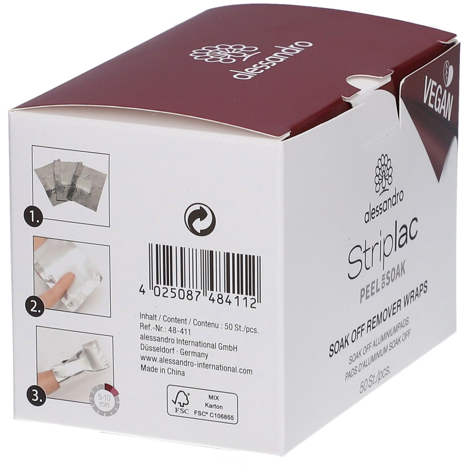 Box mit Striplac Peel & Soak Pads. Rückseite mit Anwendungsbeispielen. Barcode. Marke: alessandro. 50 Stück.