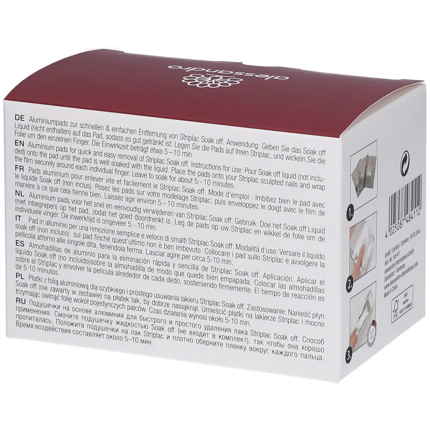 Box mit Striplac Peel & Soak Pads. Text in mehreren Sprachen. Marke: alessandro. 50 Stück.