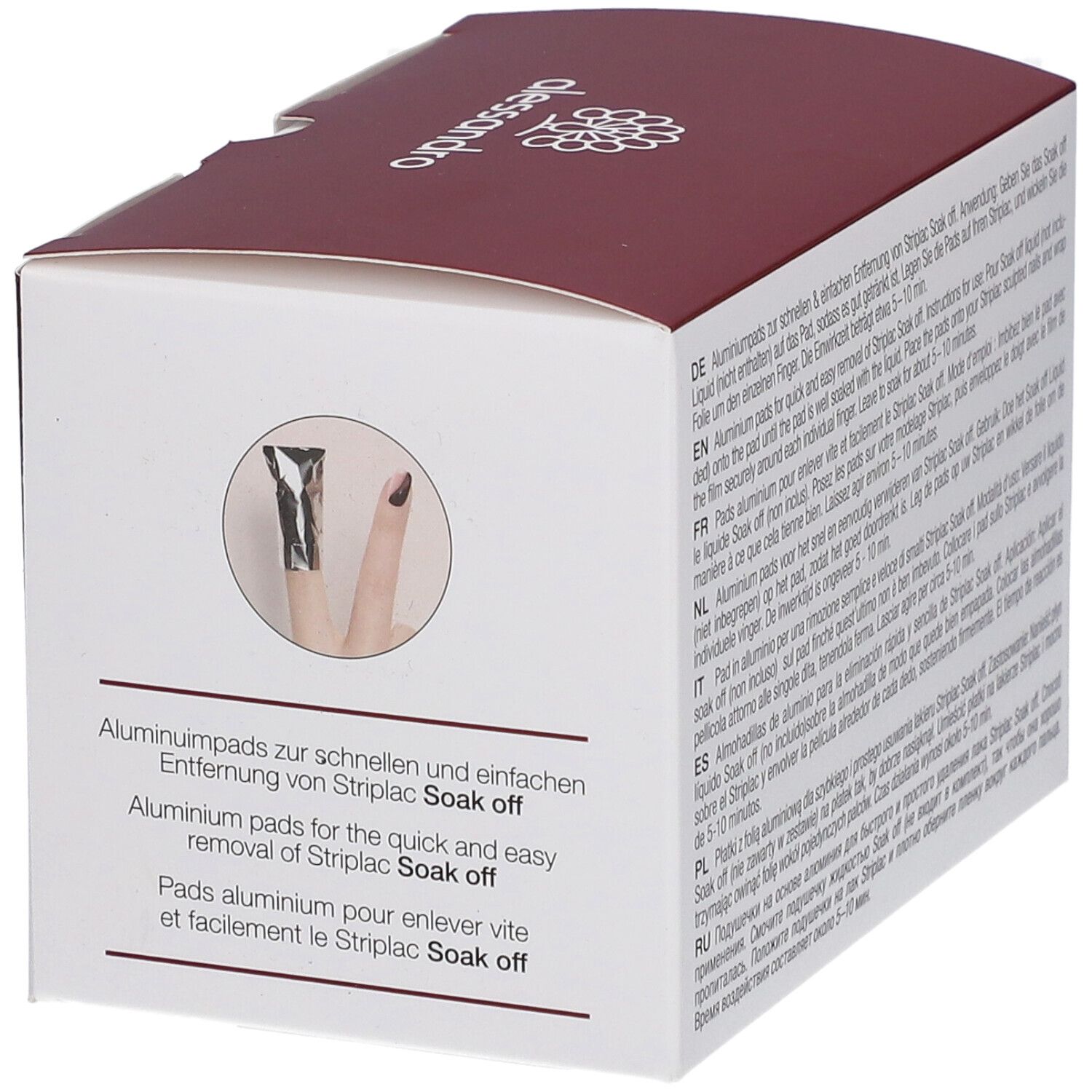 Box mit Striplac Peel & Soak Pads. Illustration der Anwendung. Marke: alessandro. 50 Stück.