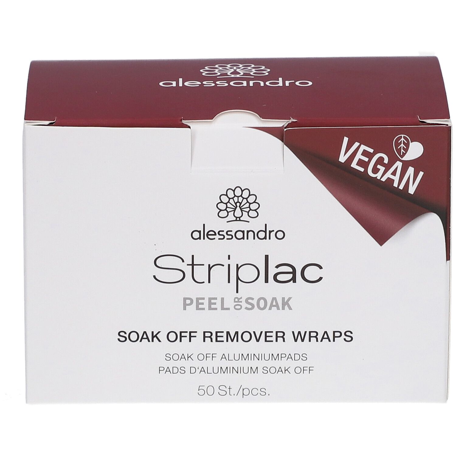 Box mit Striplac Peel & Soak Pads. Weiß, bordeauxrot. Vegan-Siegel. Marke: alessandro. 50 Stück.