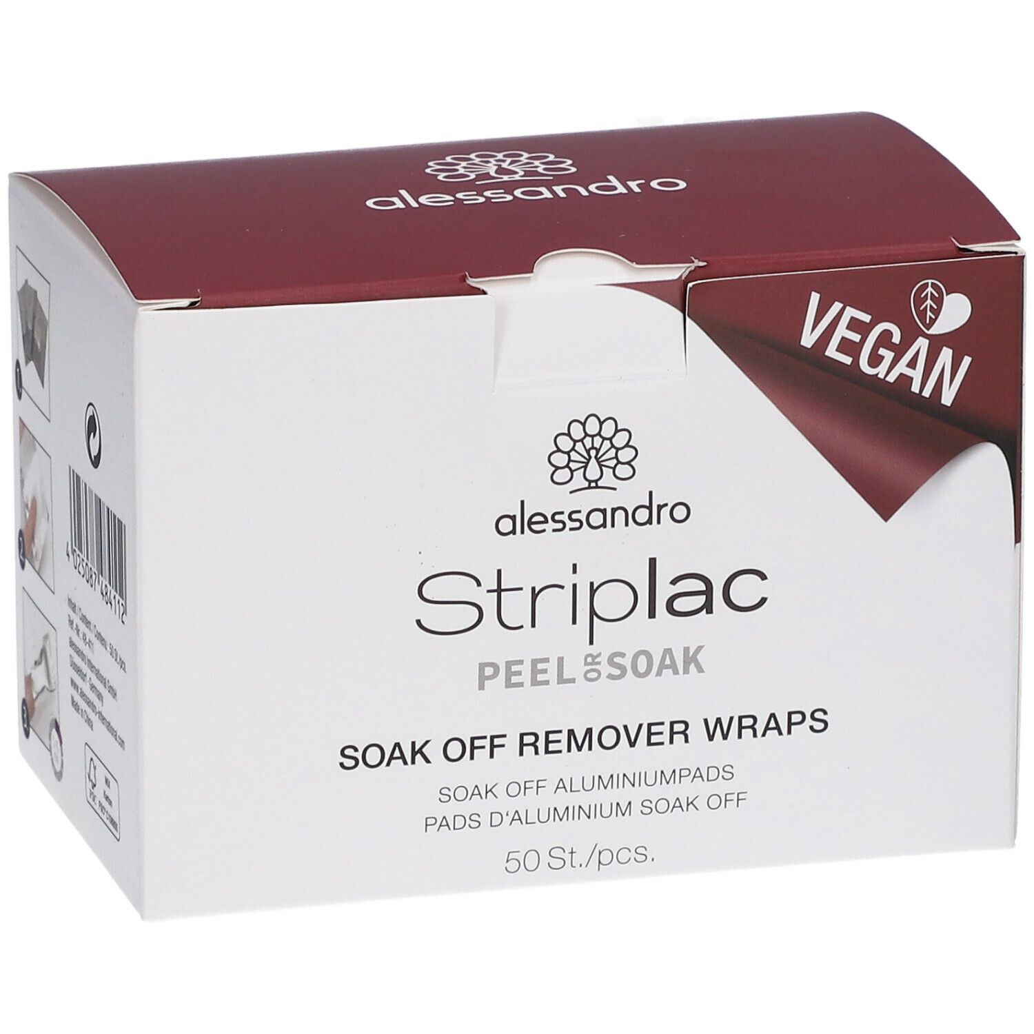 Box mit Striplac Peel & Soak Pads. Weiß, bordeauxrot. Vegan-Siegel. Marke: alessandro. 50 Stück.