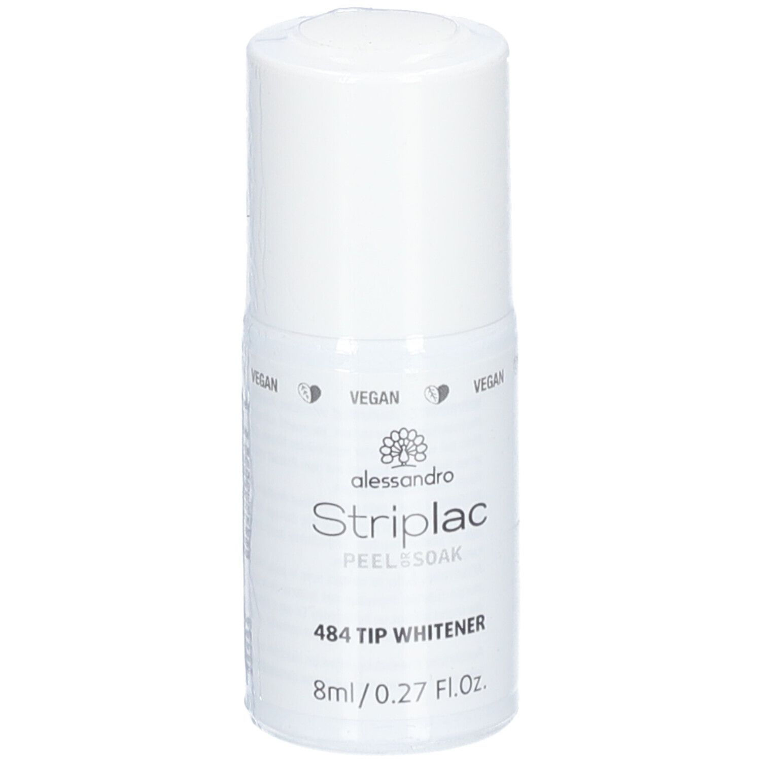 Weißer Flakon mit Aufschrift alessandro Striplac Peel oder Soak Tip Aufheller. Vegan-Siegel.