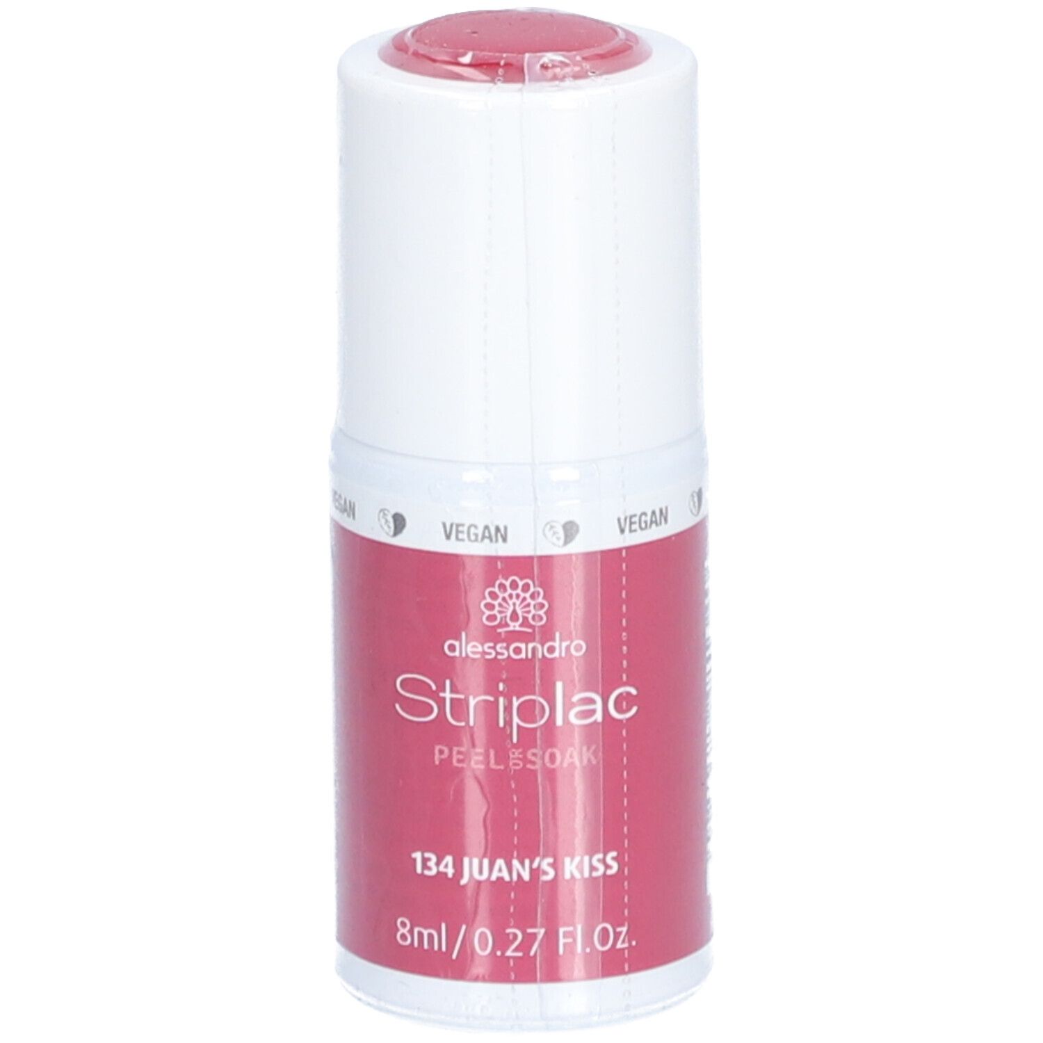 Rote Nagellackflasche. Marke Alessandro Striplac, Farbton 134 Juan's Kiss. 8ml/0.27 Fl.Oz. Vegan.