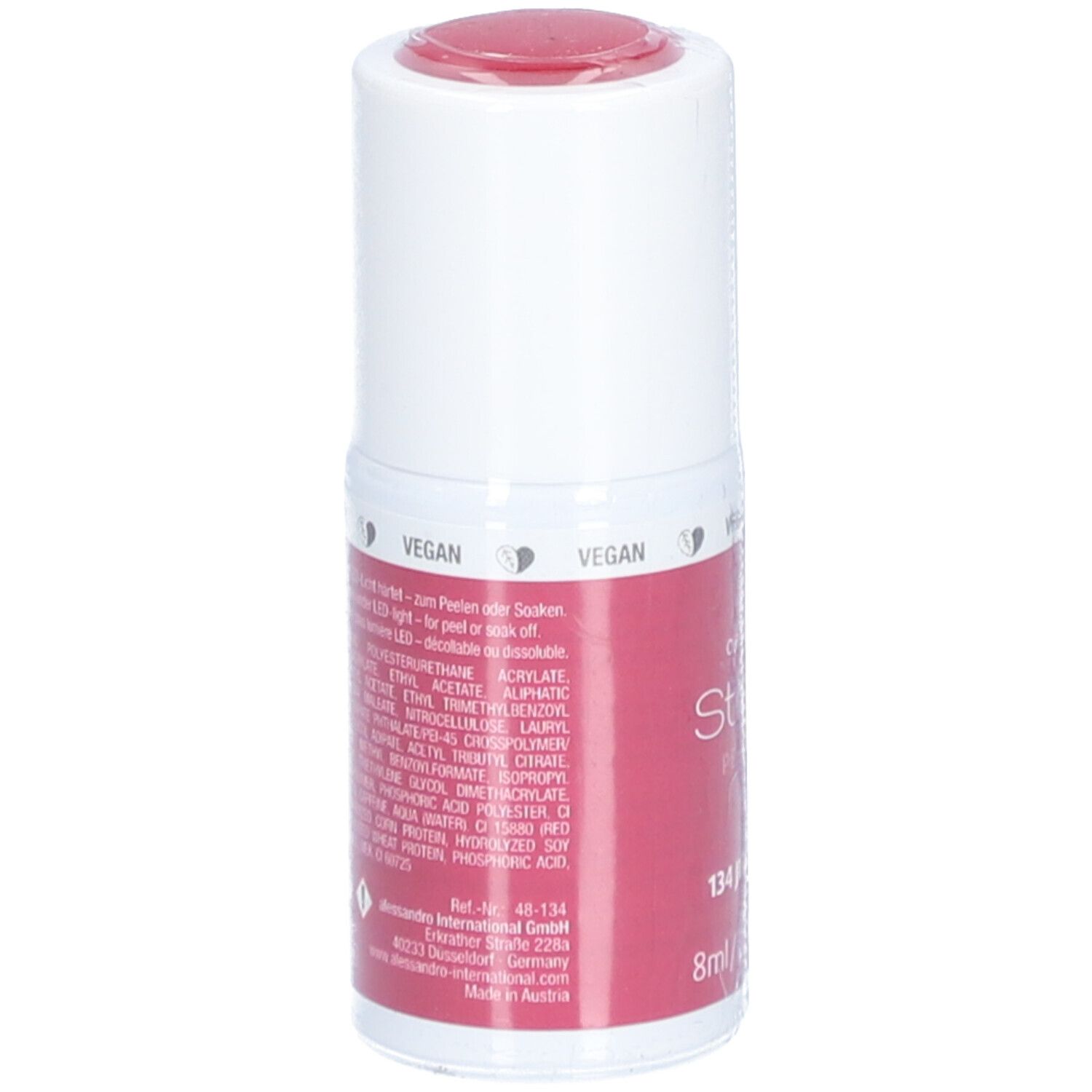 Nagellackflasche mit Inhaltsangaben. Marke Alessandro Striplac. Farbton 134 Juan's Kiss. 8ml/0.27 Fl.Oz. Vegan.
