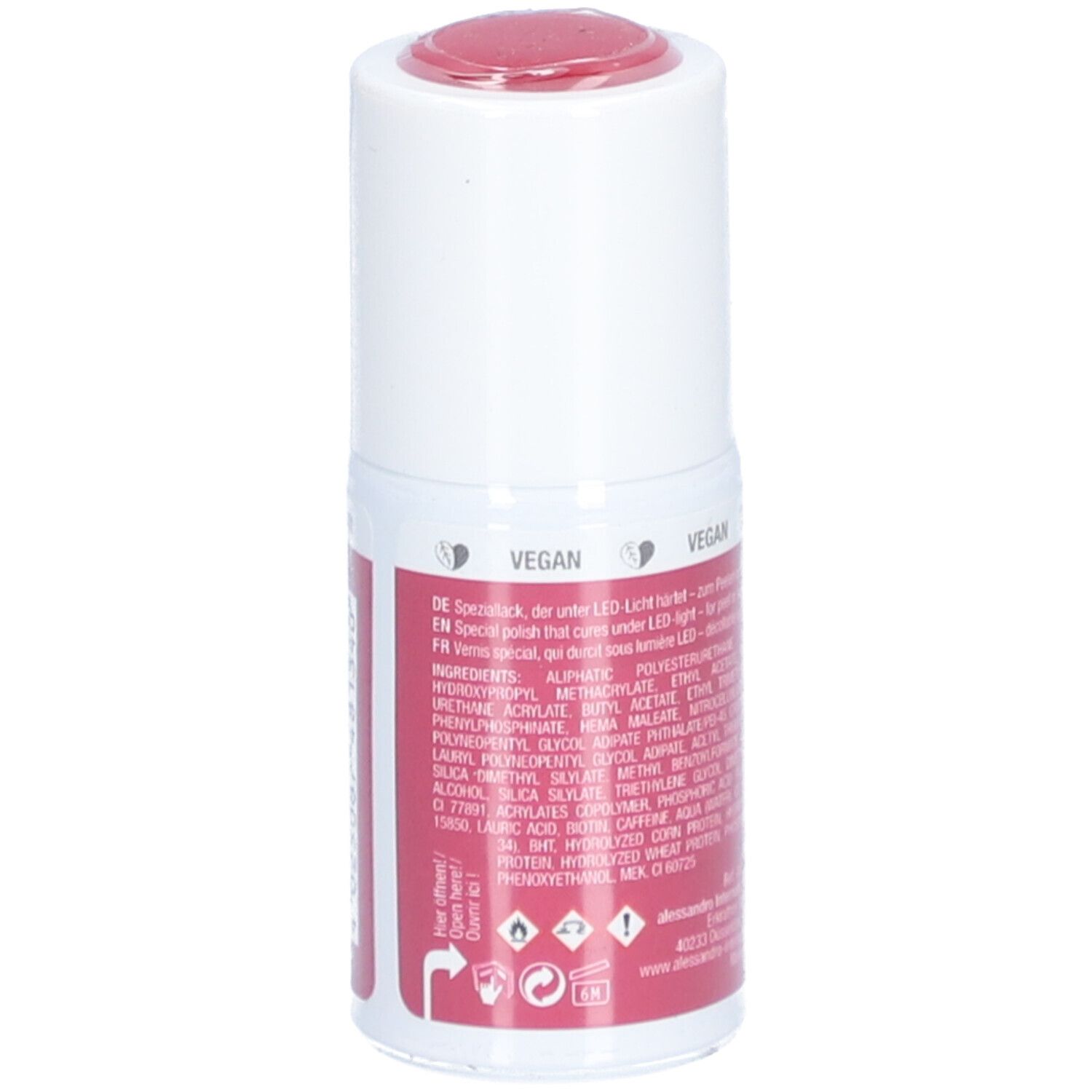 Nagellackflasche mit Inhaltsangaben und Warnhinweisen. Marke Alessandro Striplac. Vegan.