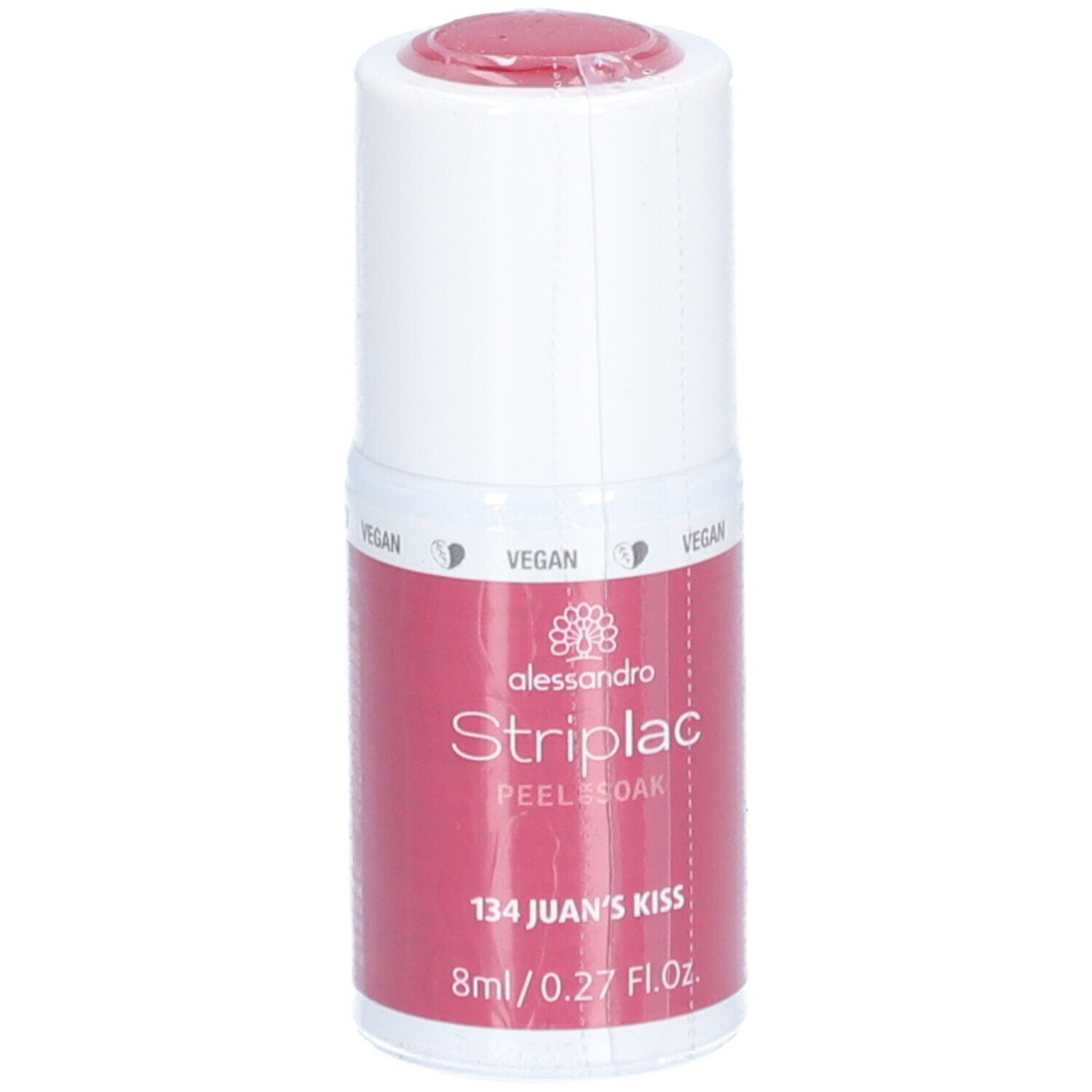 Rote Nagellackflasche. Marke Alessandro Striplac, Farbton 134 Juan's Kiss. 8ml/0.27 Fl.Oz. Vegan.