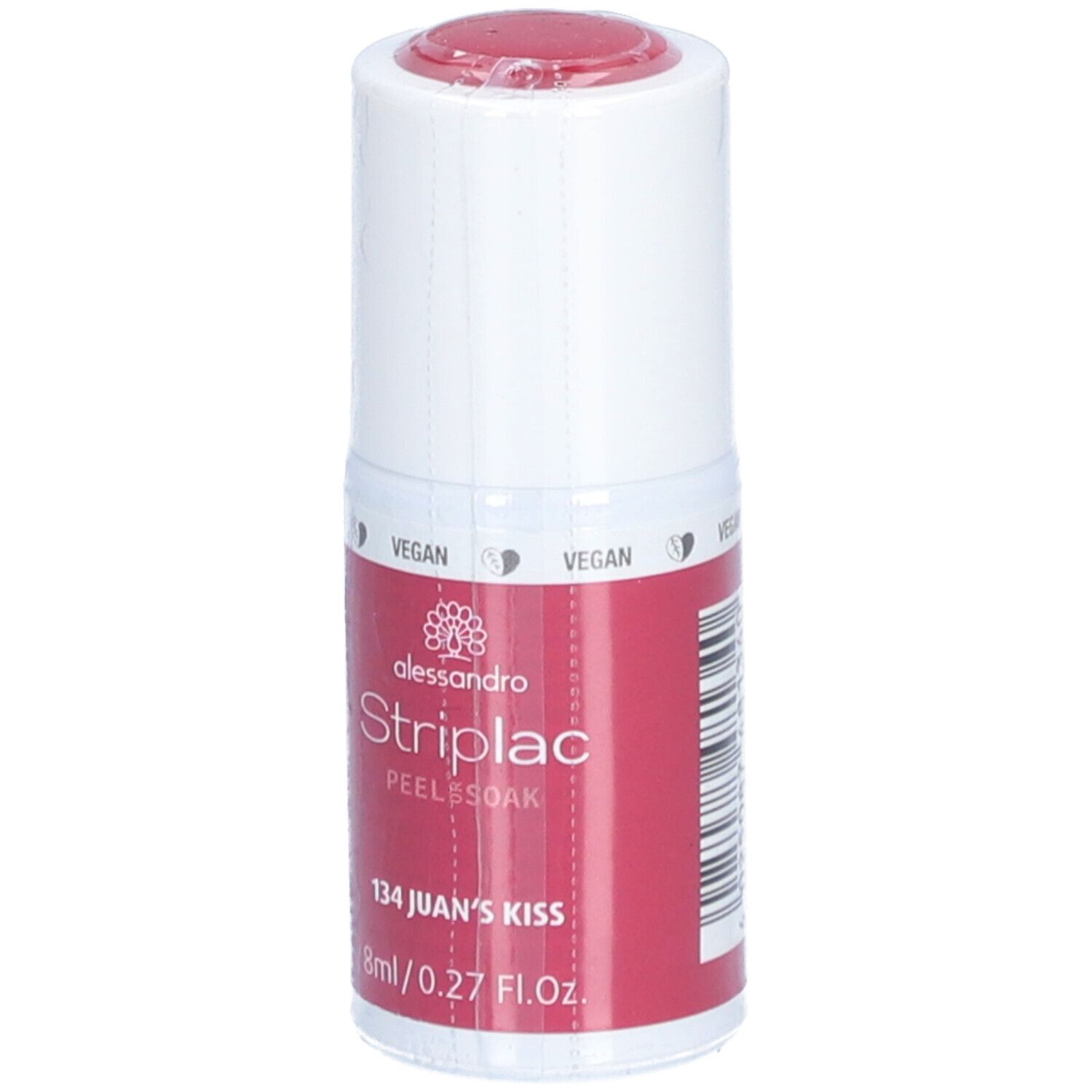 Rote Nagellackflasche. Marke Alessandro Striplac, Farbton 134 Juan's Kiss. 8ml/0.27 Fl.Oz. Vegan.