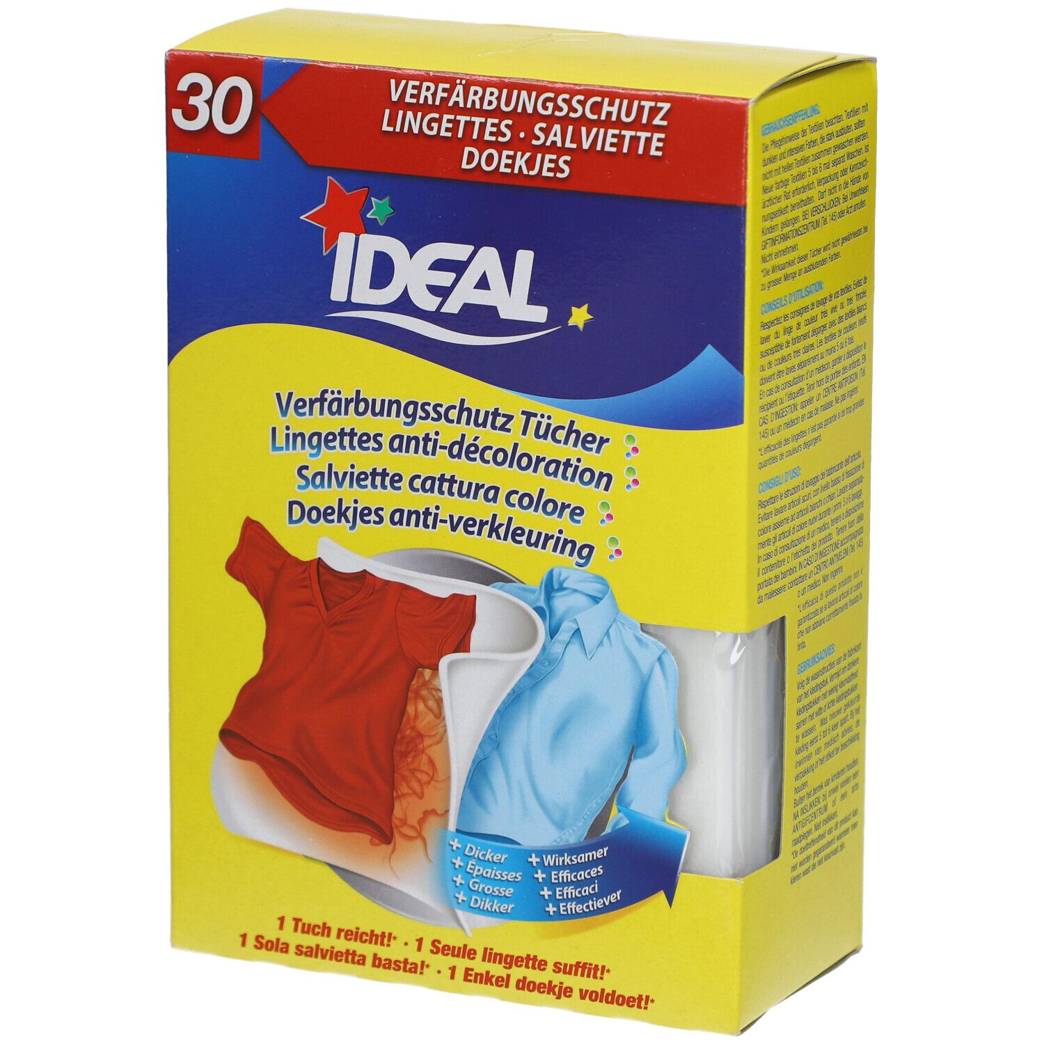 Gelbe Kartonverpackung mit Produktabbildung und Text. Enthält 30 Tücher. Ideal Verfärbungsschutz-Tücher. Abbildung von Kleidung.