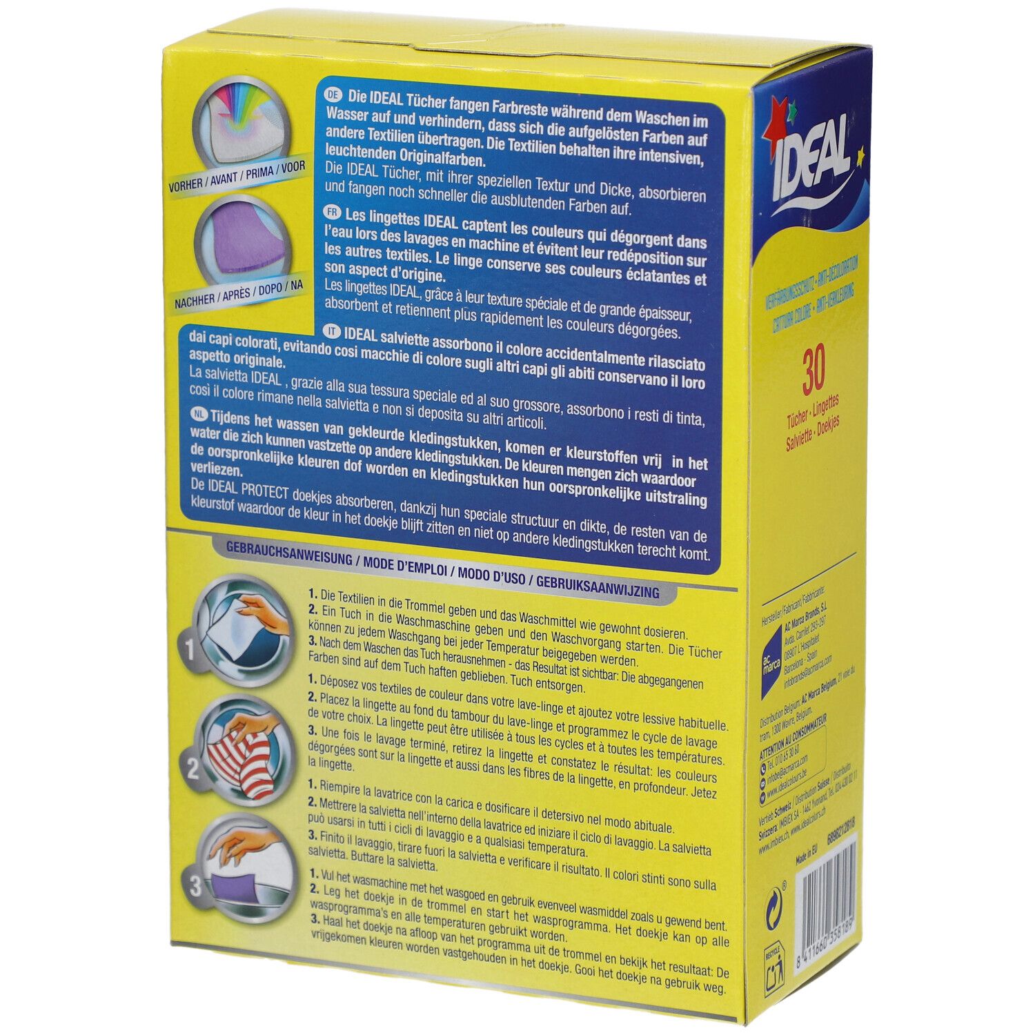 Rückseite der gelben Kartonverpackung. Text in mehreren Sprachen. Enthält 30 Tücher. Gebrauchsanweisung mit Illustrationen.