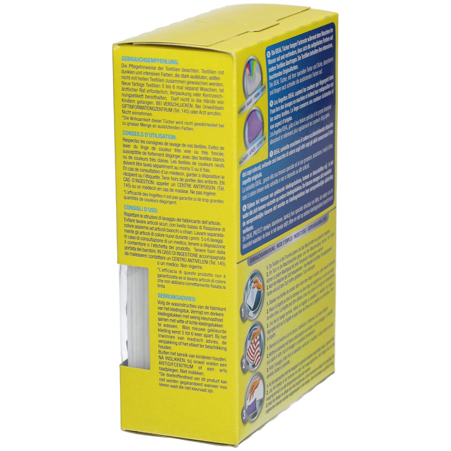 Rückseite der gelben Kartonverpackung. Text in mehreren Sprachen. Gebrauchsanweisung mit Illustrationen.