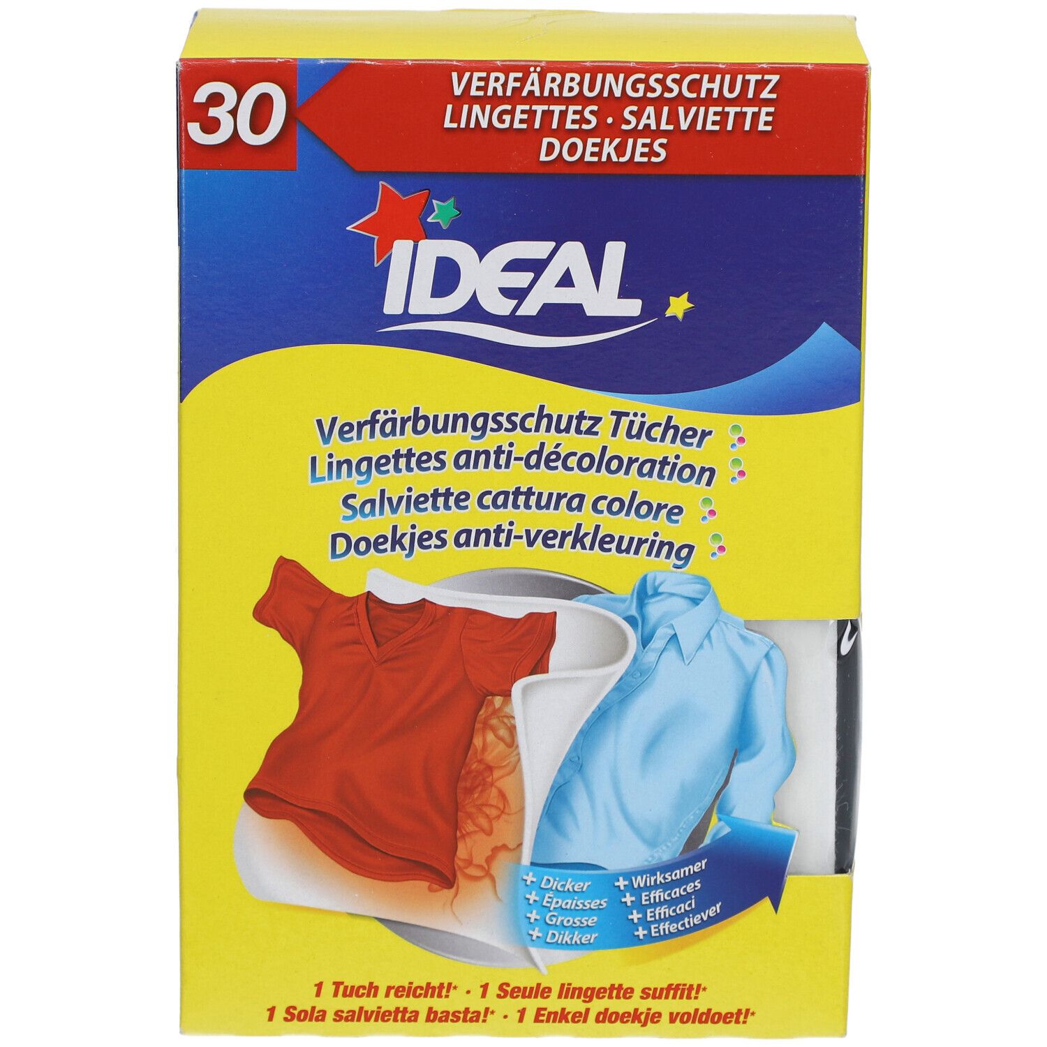 Gelbe Kartonverpackung mit Produktabbildung und Text. Enthält 30 Tücher. Ideal Verfärbungsschutz-Tücher. Abbildung von Kleidung.