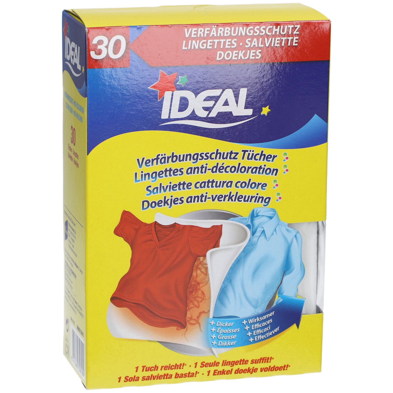 Gelbe Kartonverpackung mit Produktabbildung und Text. Enthält 30 Tücher. Ideal Verfärbungsschutz-Tücher. Abbildung von Kleidung.