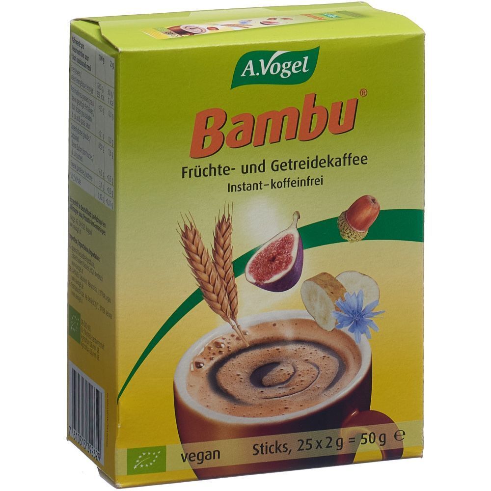 Boîte verte A. Vogel Bambu. Illustration de céréales, figue, gland et café. Vegan, instantané sans caféine.