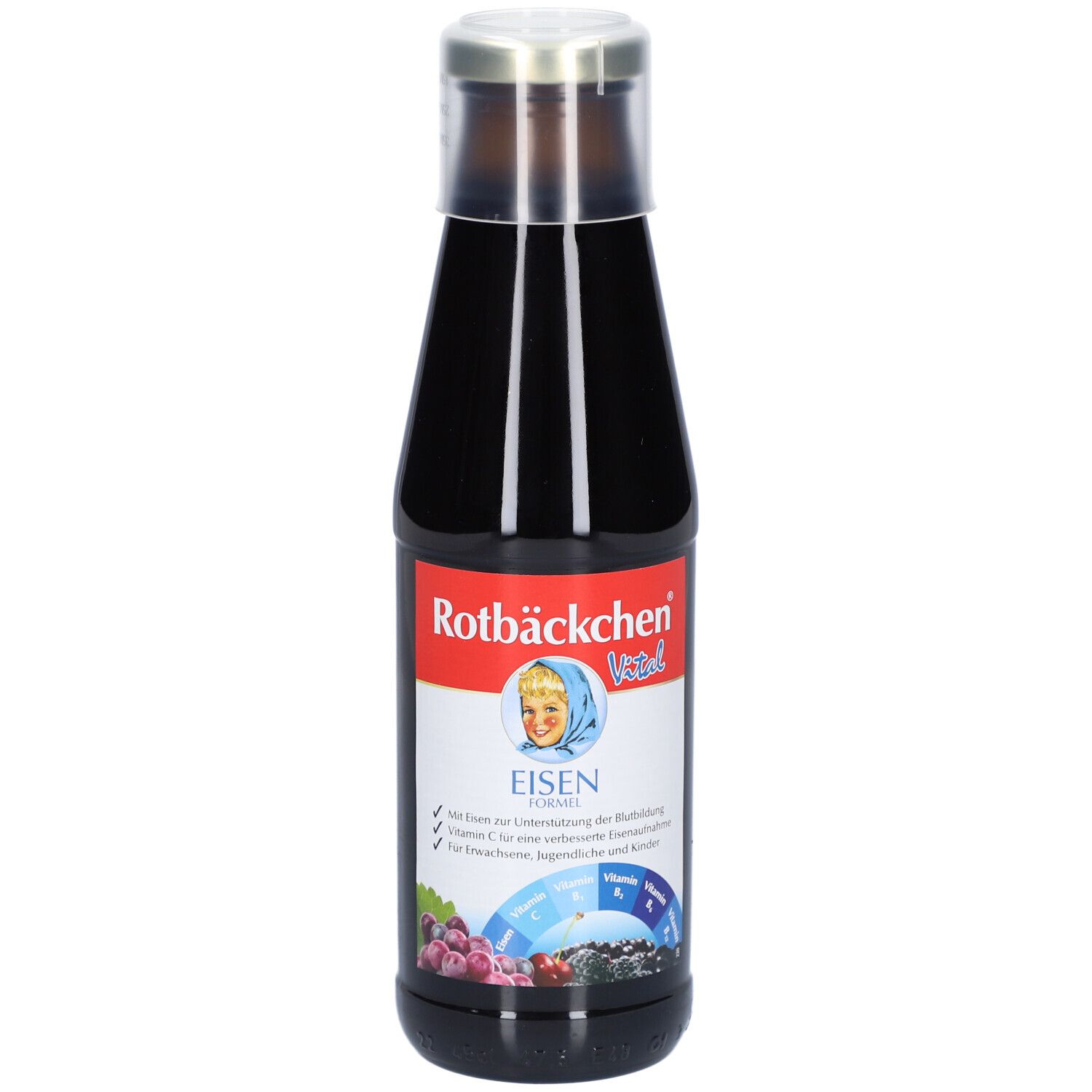 Braune Glasflasche mit silbernem Deckel. Etikett mit Produktnamen, Kind-Illustration und Eisen Formel. Sichtbare Inhaltsstoffe.