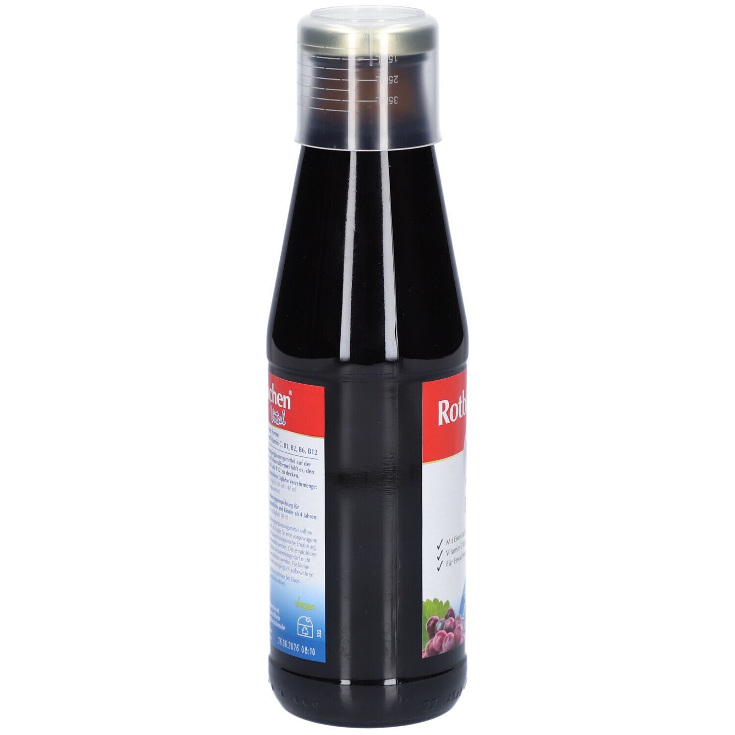 Braune Glasflasche mit silbernem Deckel. Rückseite mit Produktinformationen. Etikett mit Produktnamen und Inhaltsstoffen.