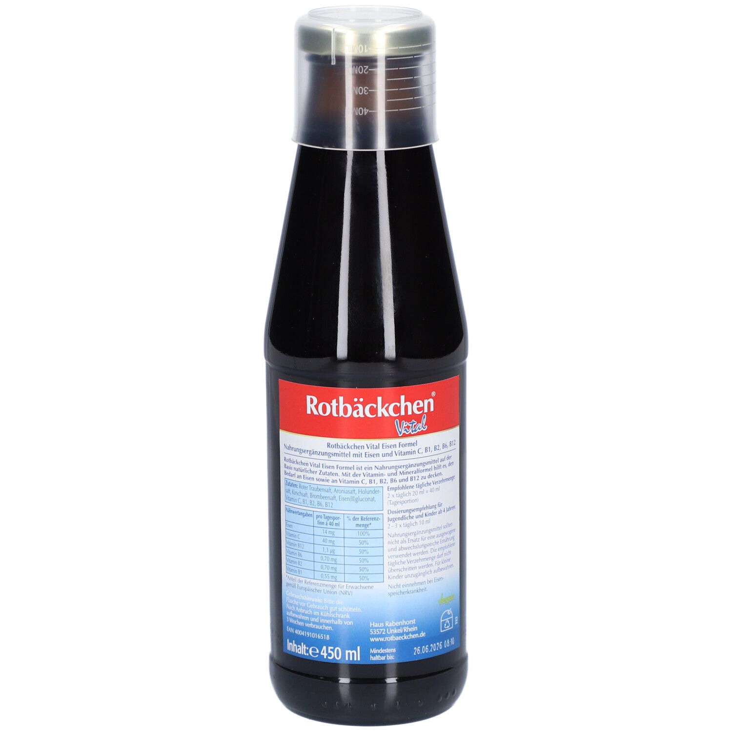 Braune Glasflasche mit silbernem Deckel. Rückseite mit Nährwerttabelle und Produktinformationen. Inhalt 450 ml.