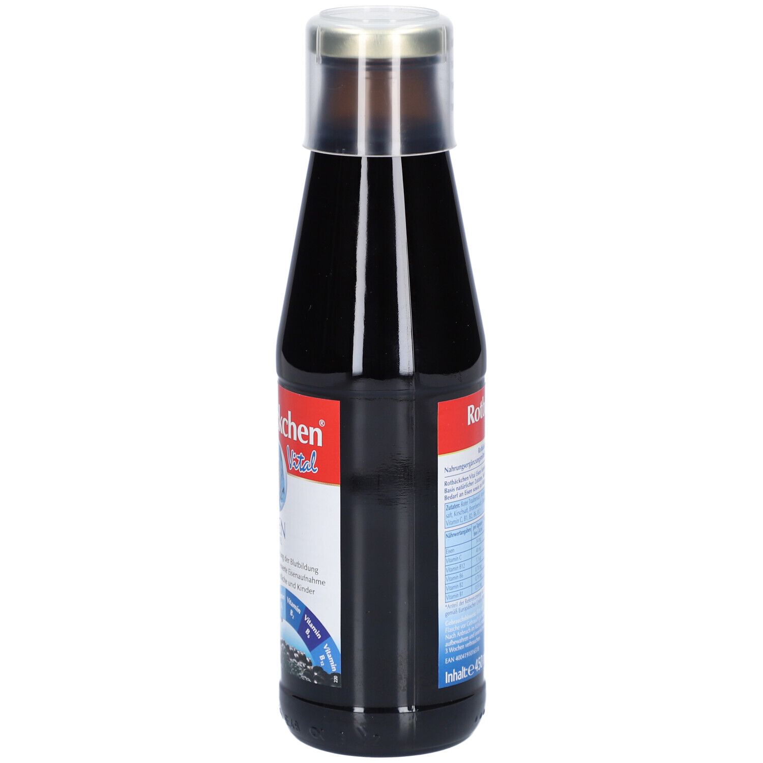 Braune Glasflasche mit silbernem Deckel. Rückseite mit Produktinformationen. Etikett mit Produktnamen und Inhaltsstoffen.