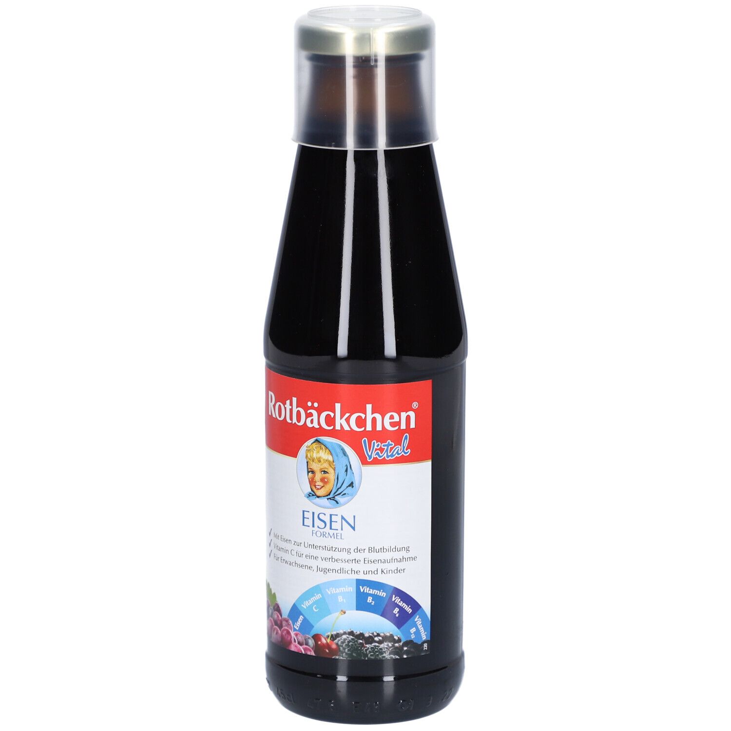 Braune Glasflasche mit silbernem Deckel. Etikett mit Produktnamen, Kind-Illustration und Eisen Formel. Sichtbare Inhaltsstoffe.