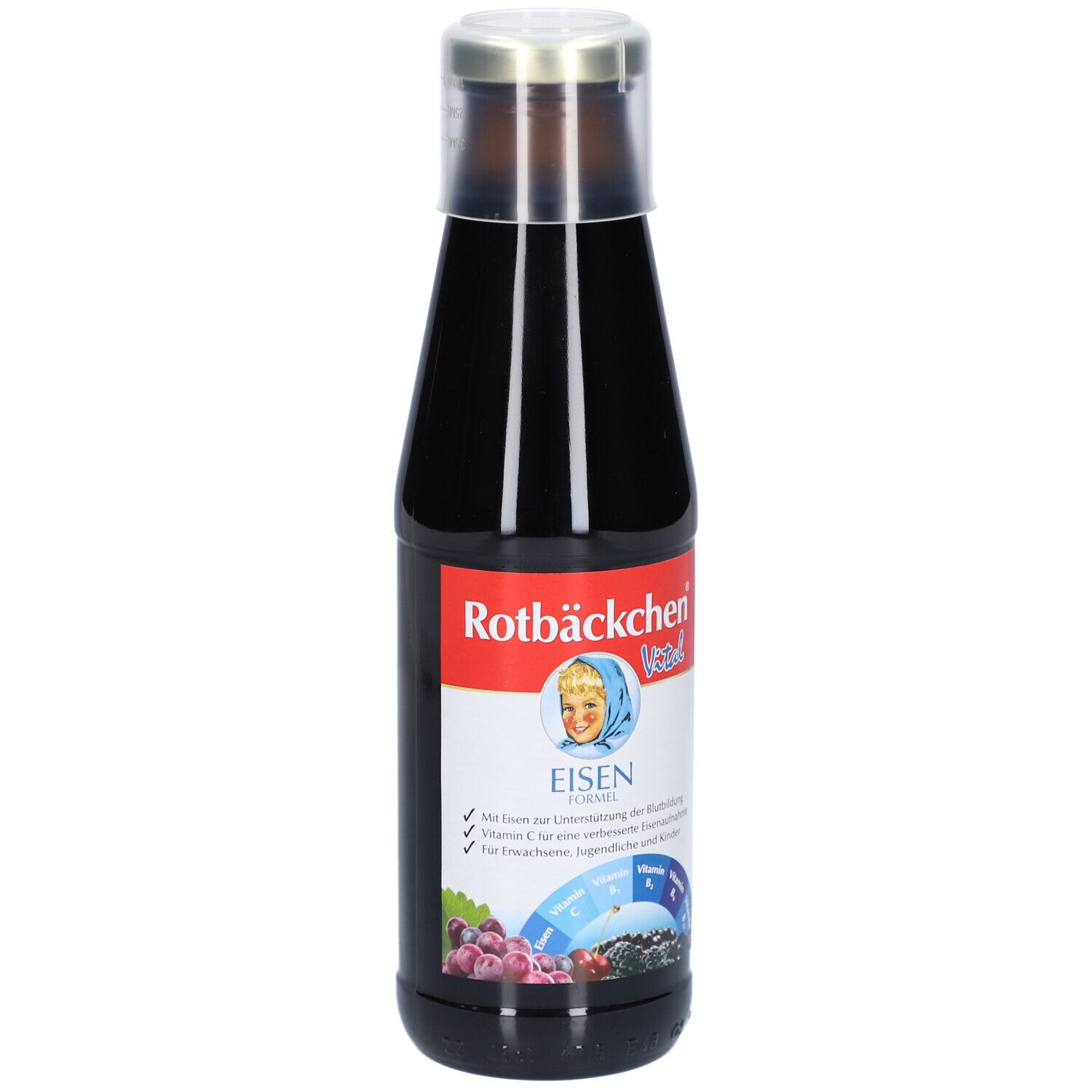 Braune Glasflasche mit silbernem Deckel. Etikett mit Produktnamen, Kind-Illustration und Eisen Formel. Sichtbare Inhaltsstoffe.