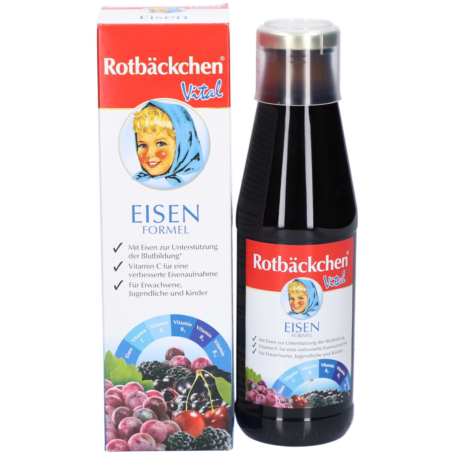 Produktflasche und Karton. Karton mit Produktnamen, Kind-Illustration und Eisen Formel. Flasche mit Etikett.