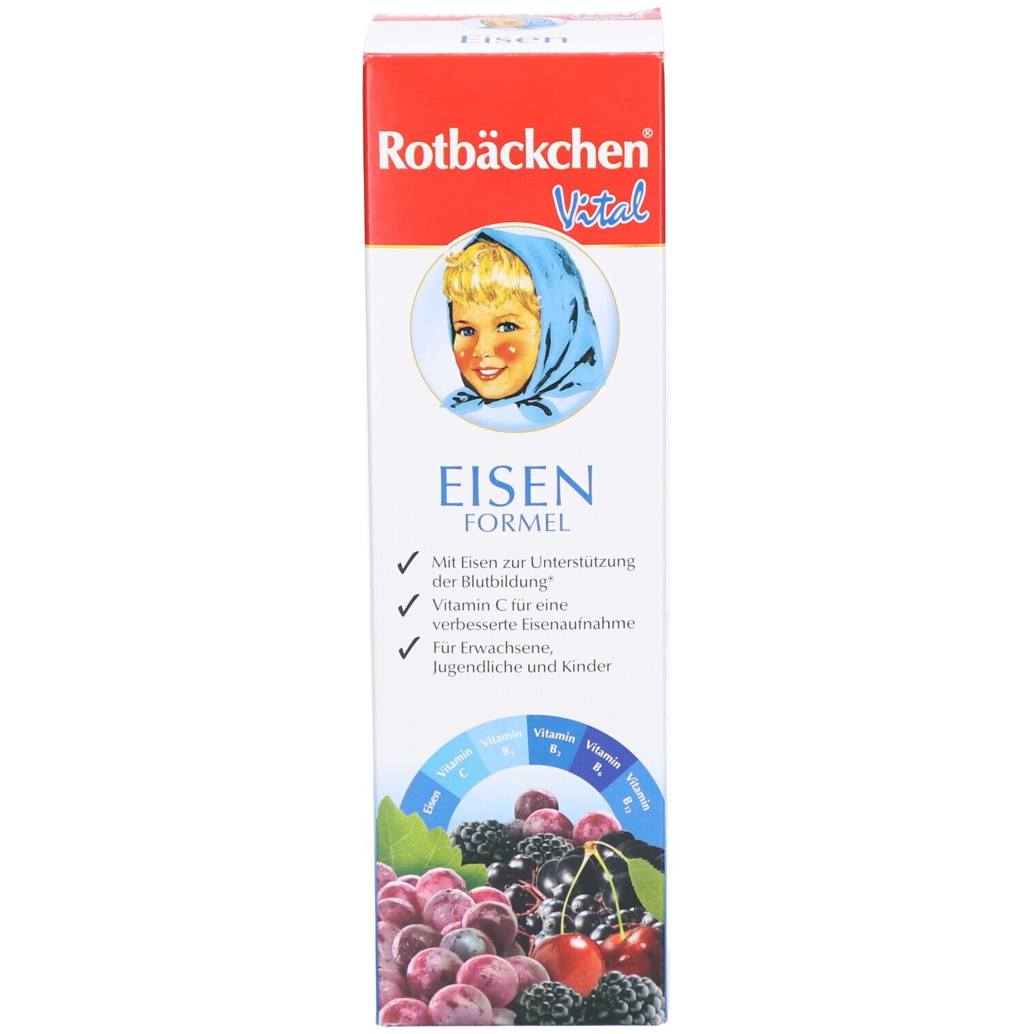 Karton mit Produktnamen, Kind-Illustration und Eisen Formel. Produktinformationen und Inhaltsstoffe. Obstabbildung.