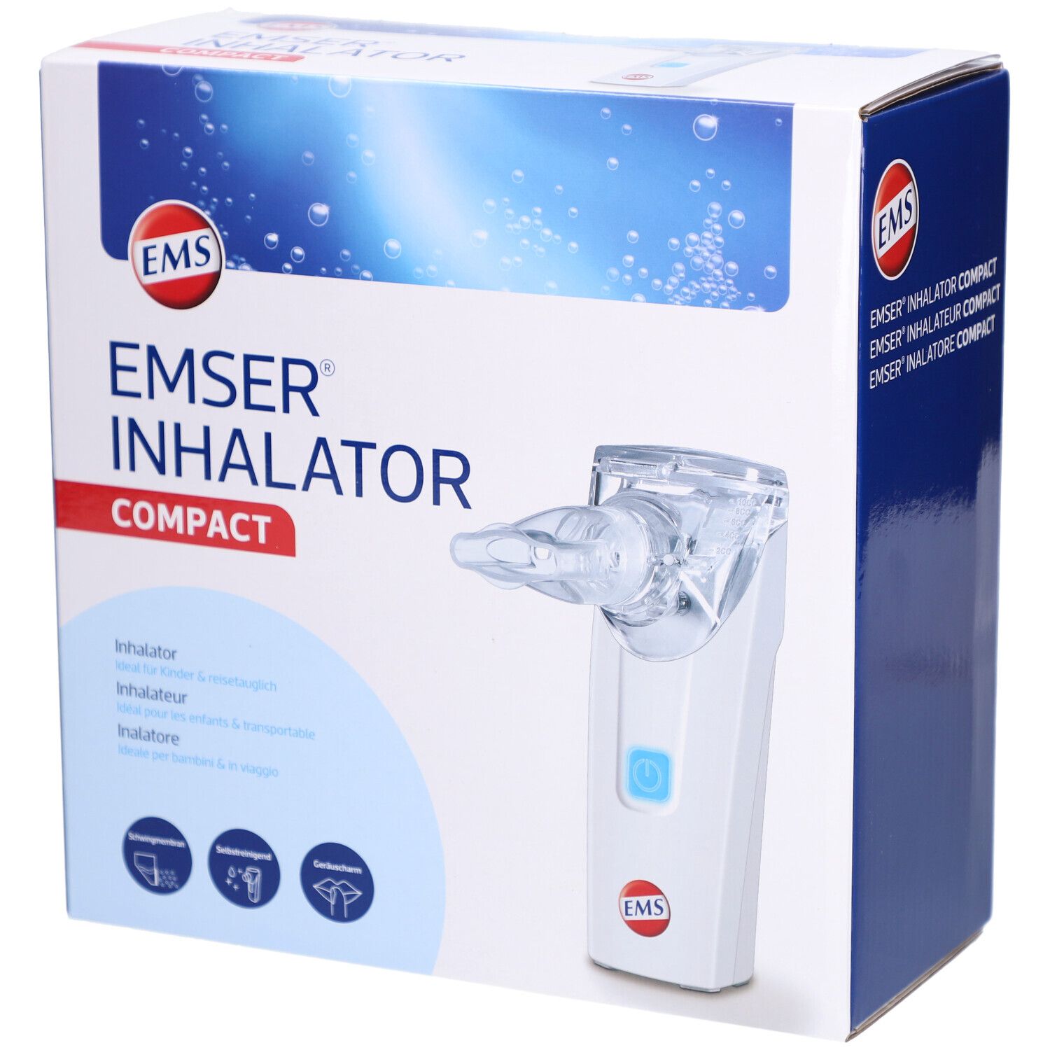 Kompakter Inhalator in Verpackung. Weißes Gerät mit blauem Knopf und Mundstück. Marke EMSER®.