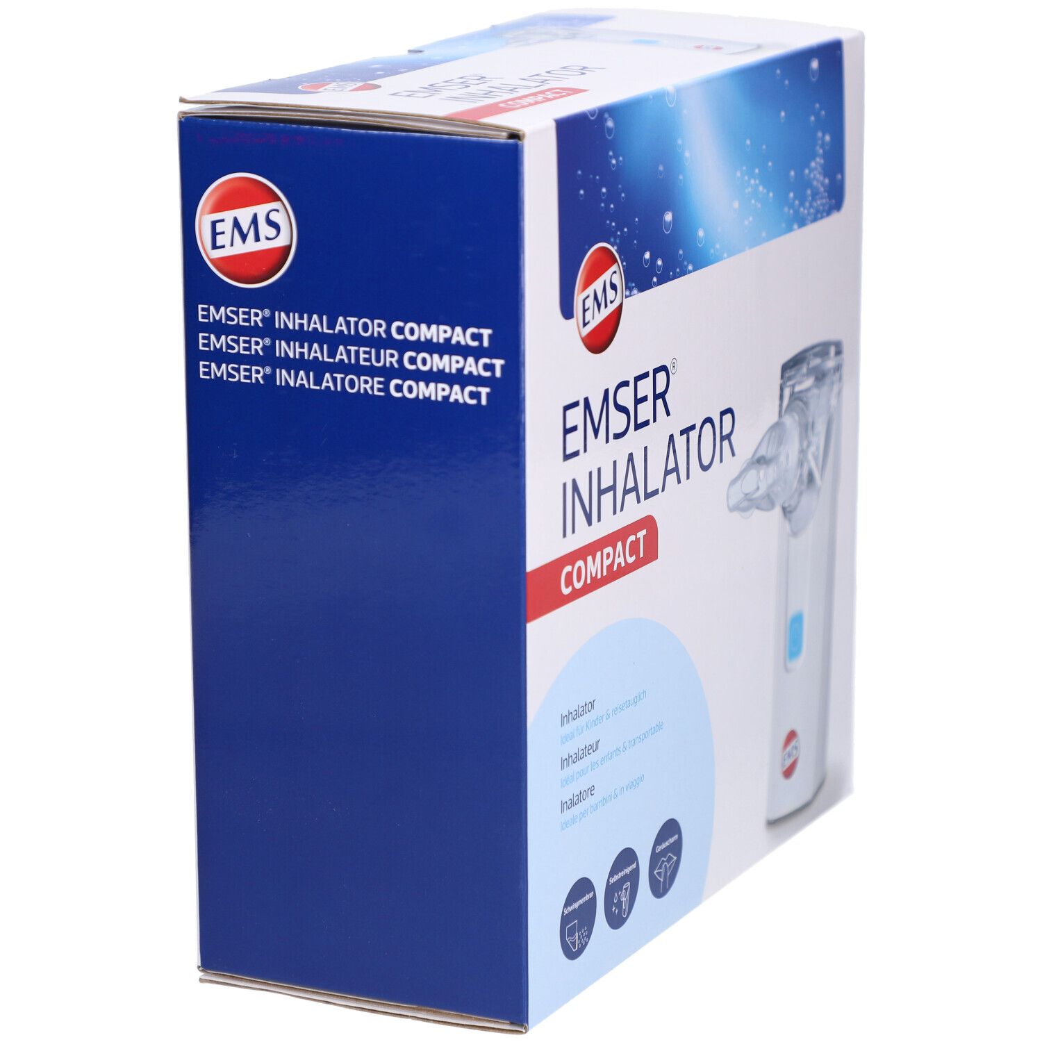 Verpackung des Inhalators. Blaue und weiße Box mit Produktnamen und Logo. Marke EMSER®.