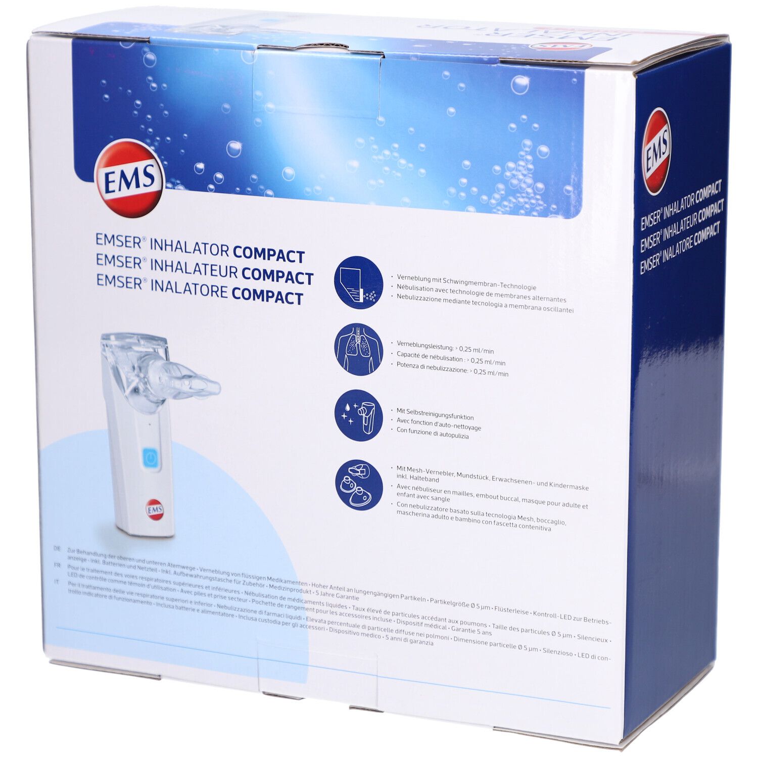 Rückseite der Inhalator-Verpackung. Informationen und Logos. Marke EMSER®.
