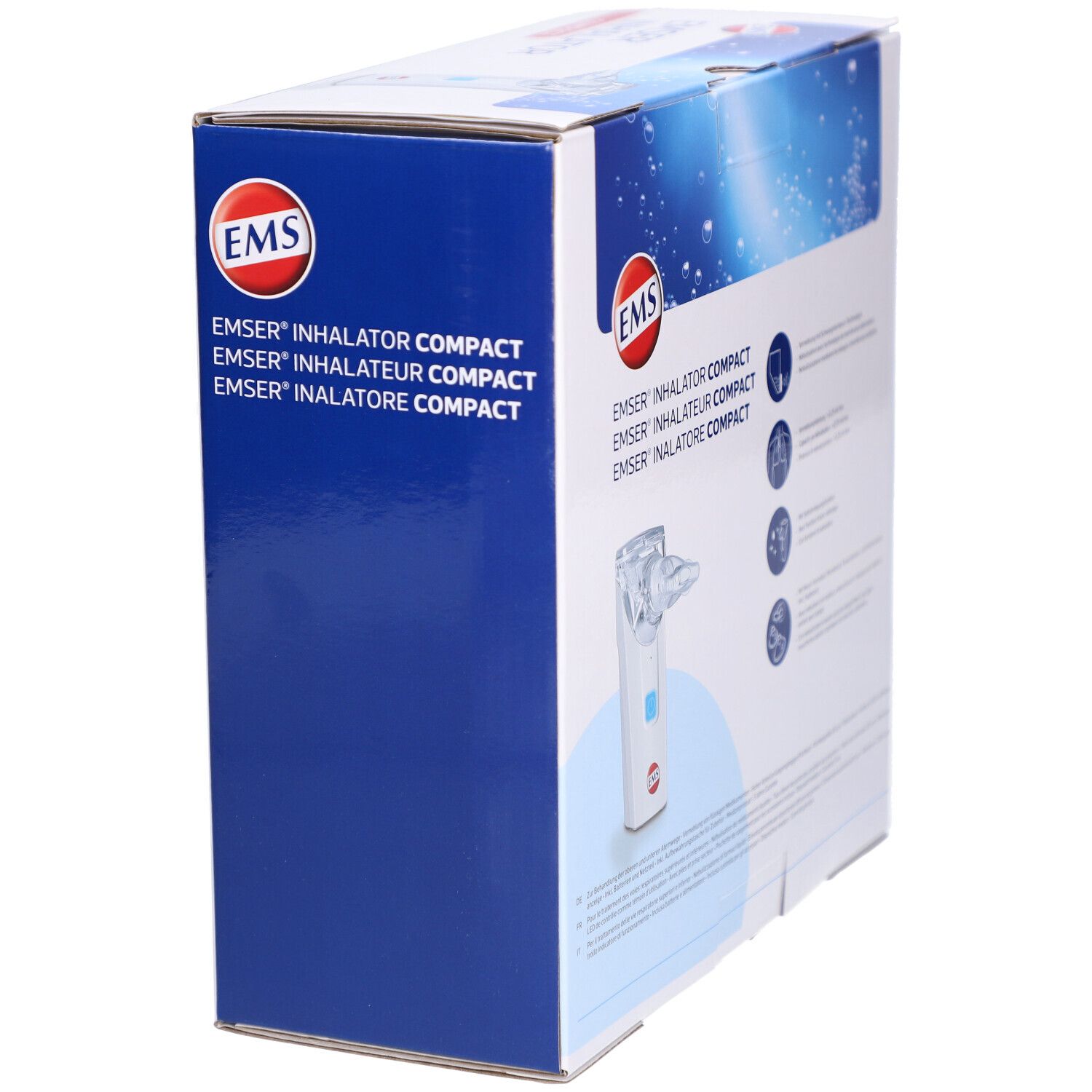 Schrägansicht der Inhalator-Verpackung. Blaue und weiße Box mit Produktnamen und Logo. Marke EMSER®.