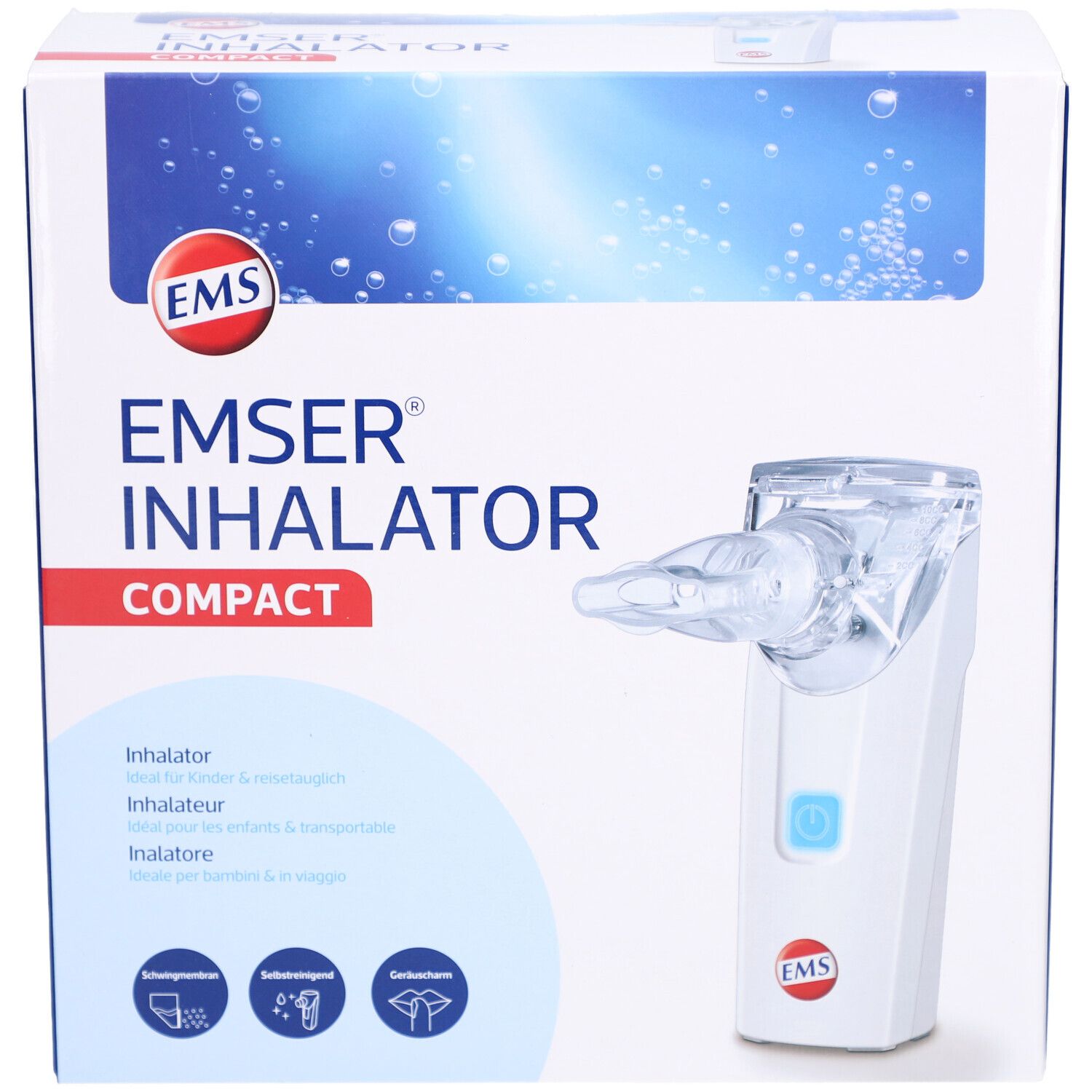 Inhalator in Verpackung. Weißes Gerät mit blauem Knopf und Mundstück. Marke EMSER®.