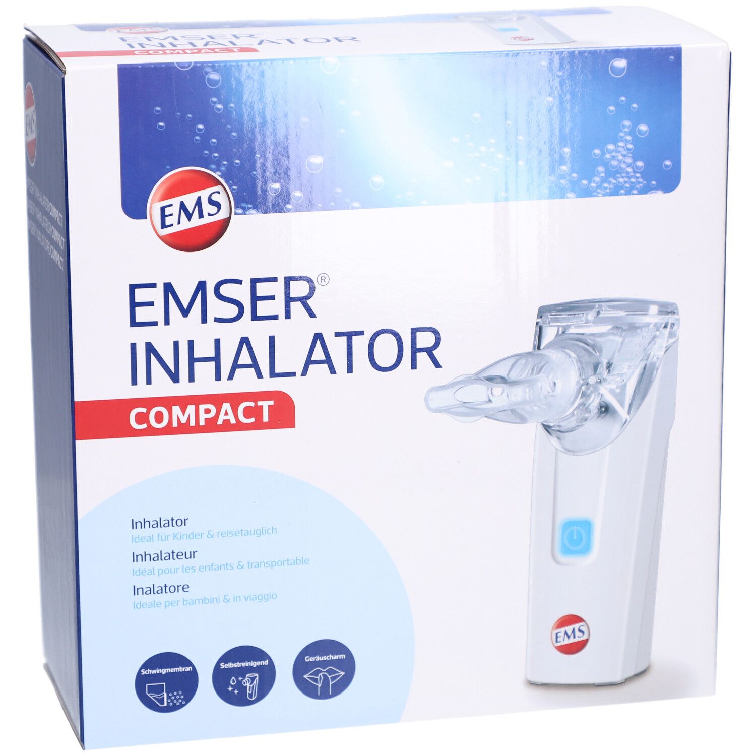 Inhalator in Verpackung. Weißes Gerät mit blauem Knopf und Mundstück. Marke EMSER®.