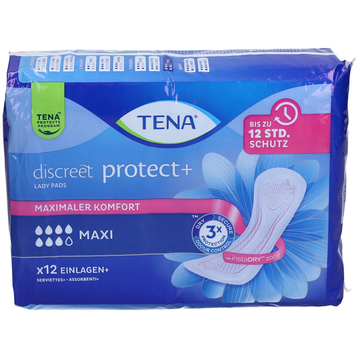 Verpackung von TENA Lady Discreet Maxi Inkontinenz Einlagen. Blaue Verpackung mit Produktabbildung und Text. 12 Einlagen.