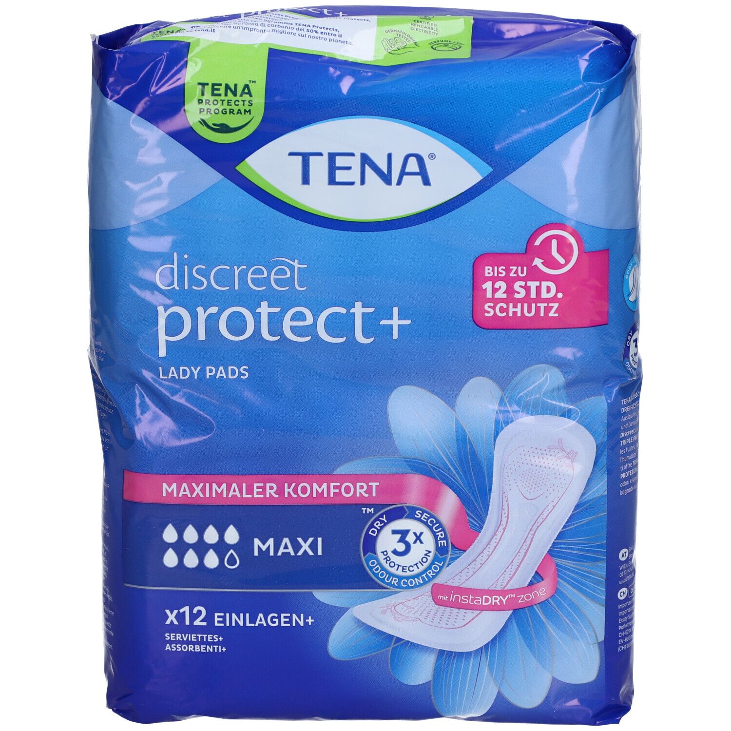Verpackung von TENA Lady Discreet Maxi Inkontinenz Einlagen. Blaue Verpackung mit Produktabbildung und Text. 12 Einlagen.