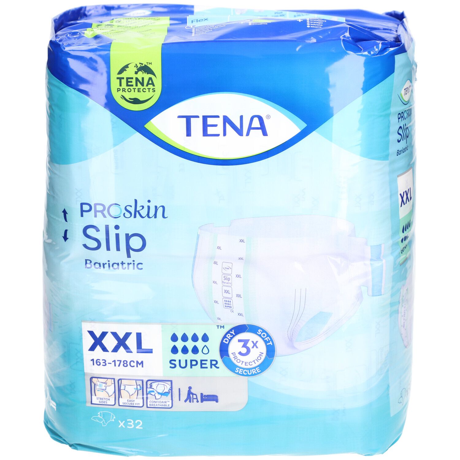 Paquet de TENA ProSkin Slip Bariatric XXL. Emballage bleu avec illustration du produit et indication de taille.