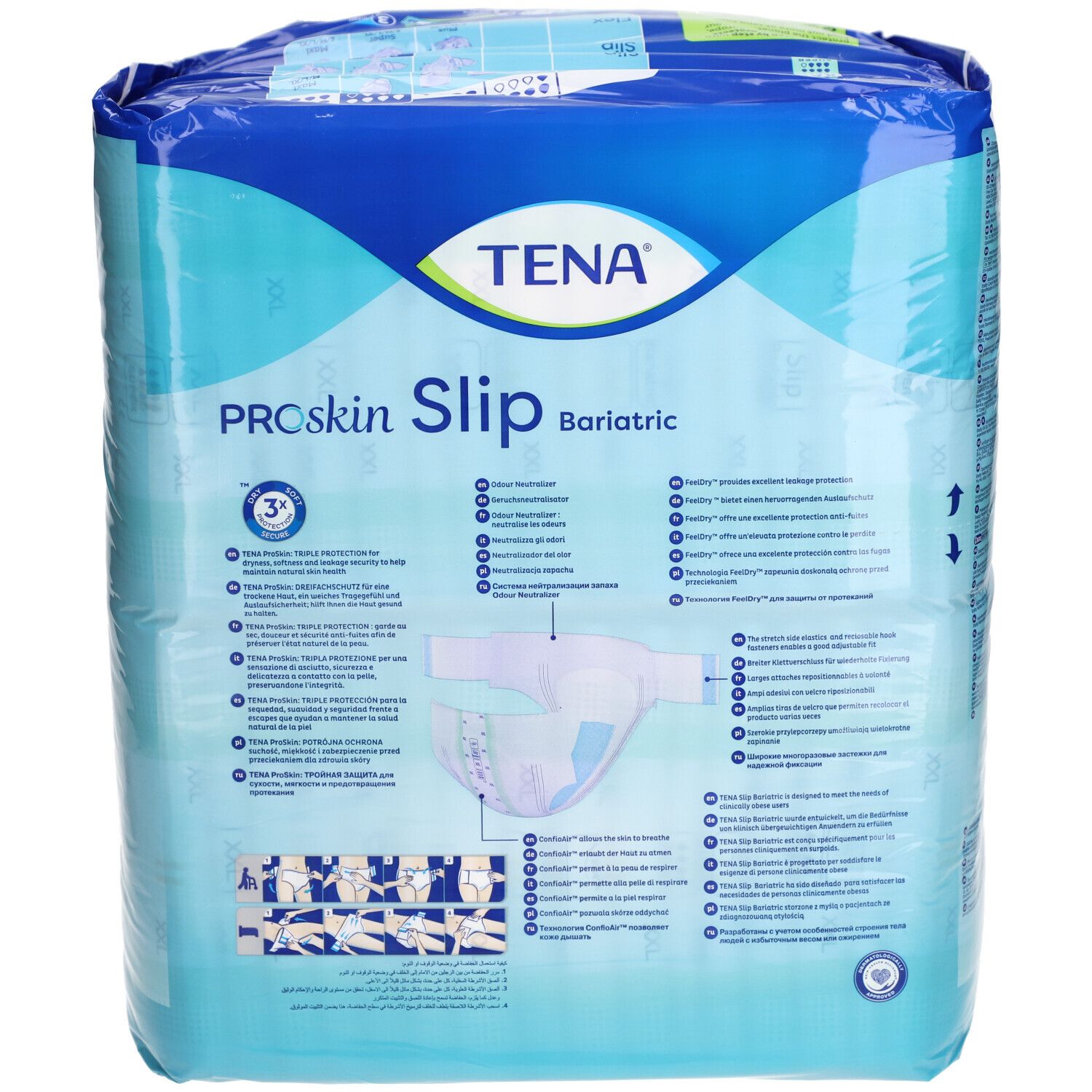 Dos du paquet TENA ProSkin Slip Bariatric XXL. Emballage bleu avec informations produit et pictogrammes.