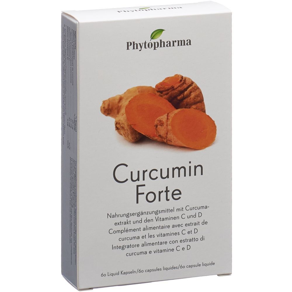 Weiße Schachtel mit Produktabbildung und Schriftzug "Curcumin Forte". Enthält Kurkuma-Extrakt und Vitamine C und D.