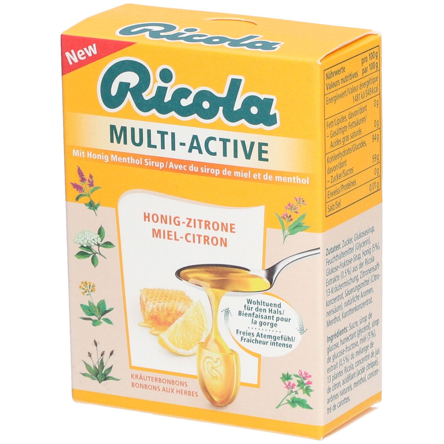 Gelbe Schachtel mit Ricola Multi-Active Honig-Zitrone. Aufschrift "New". Illustrationen von Kräutern und Honig.
