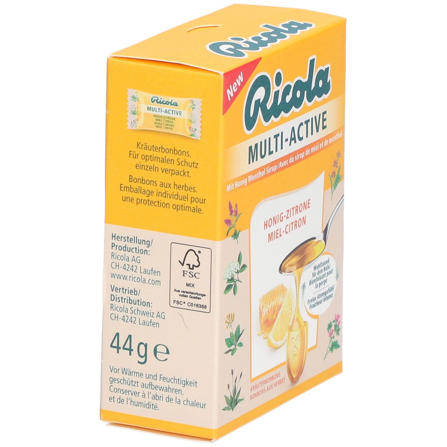Gelbe Schachtel Ricola Multi-Active. Aufschrift "Ricola" und "Multi-Active". Rückseite mit Text und FSC-Logo.