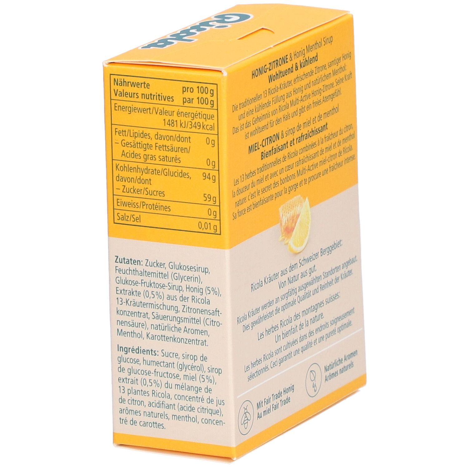 Gelbe Schachtel mit Nährwertangaben. Text in Deutsch und Französisch. Zutatenliste.