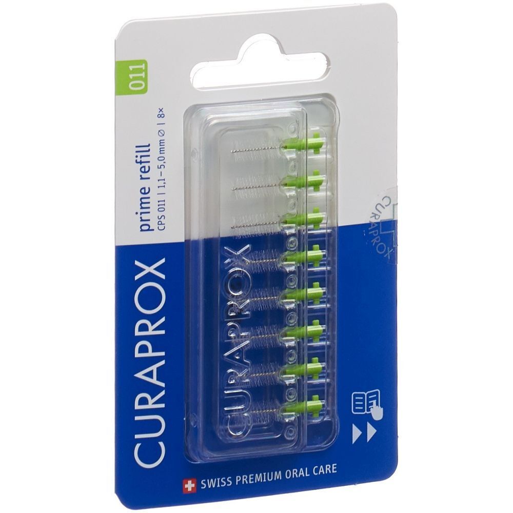 Verpackung mit CURAPROX CPS 011 Interdentalbürstenköpfen. 8 Stück, grün und silberfarben. Sichtbare Produktbezeichnung und Marke.