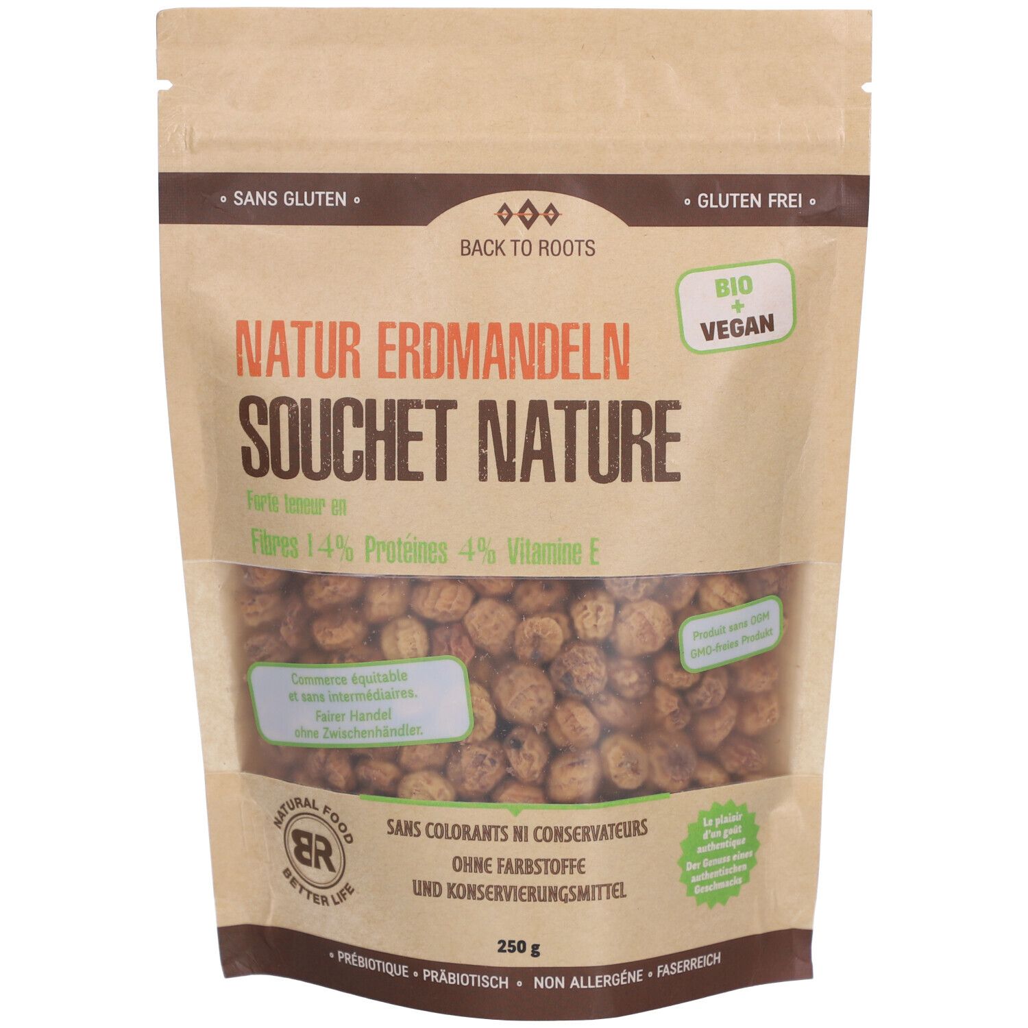 Sachet "Zurück zu den Wurzeln Souchet nature bio & vegan entier". Contenu visible, amandes de terre brunes.