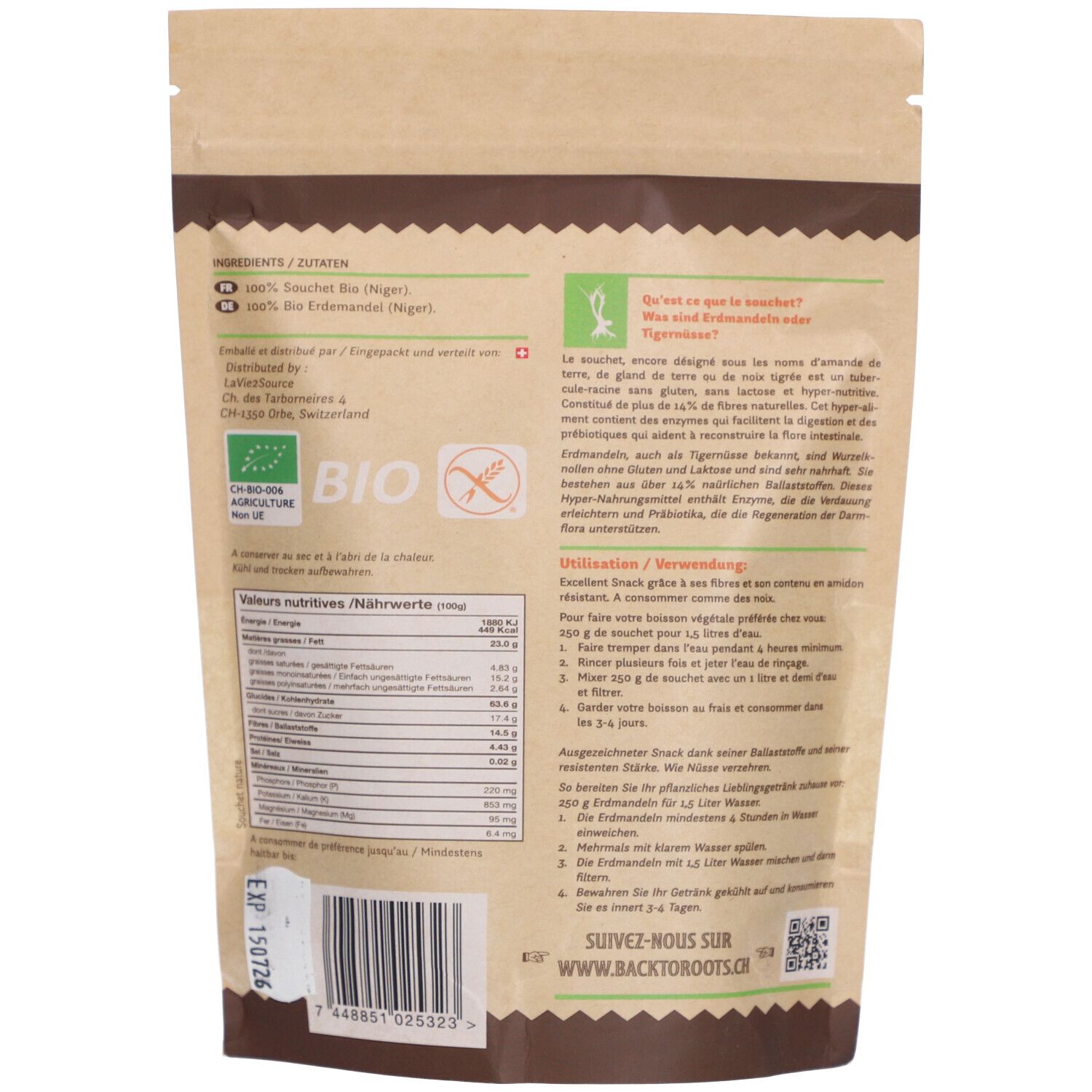Dos du sachet "Zurück zu den Wurzeln Souchet nature bio & vegan entier". Texte, informations nutritionnelles, label bio.