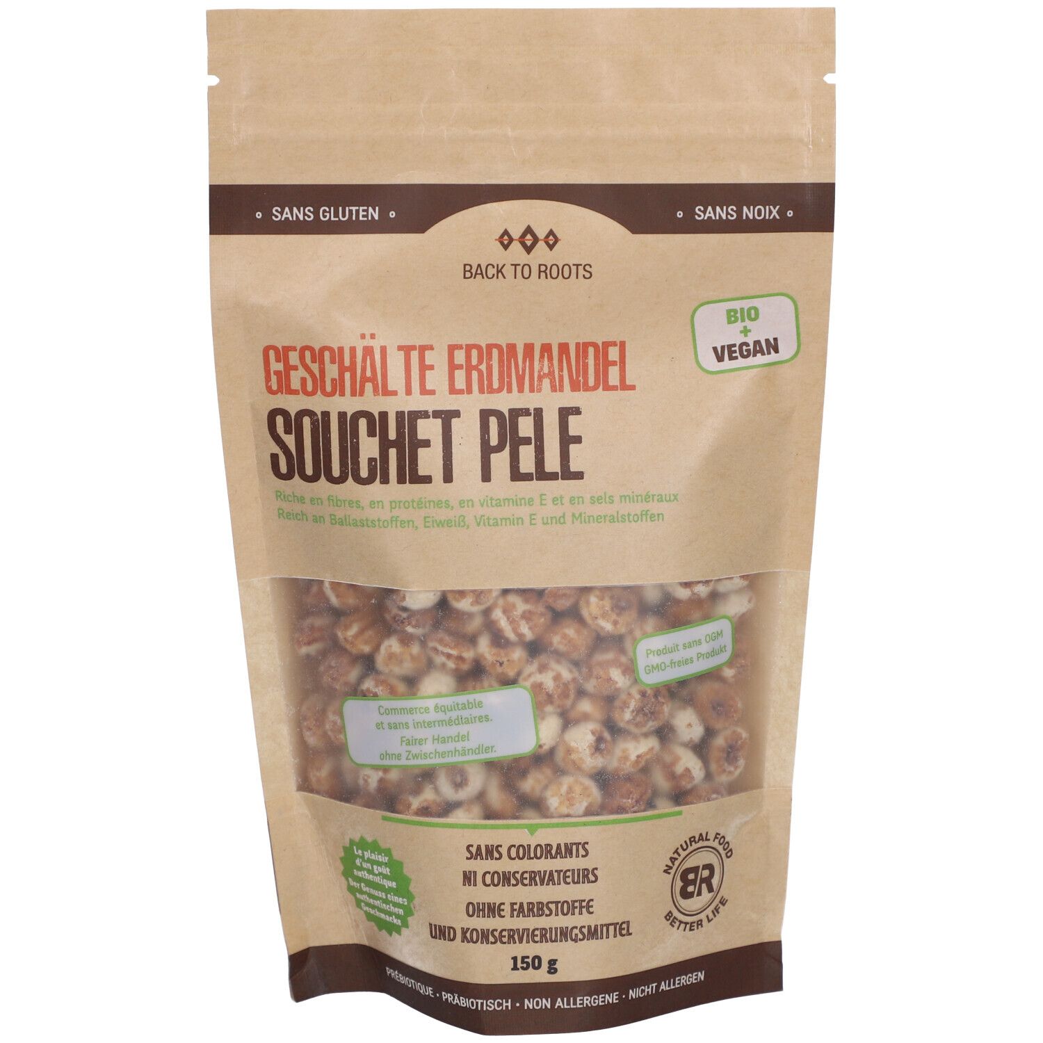 Sachet de souchet pelé. Visibles: nom du produit, labels Bio et Vegan, texte en français et allemand.