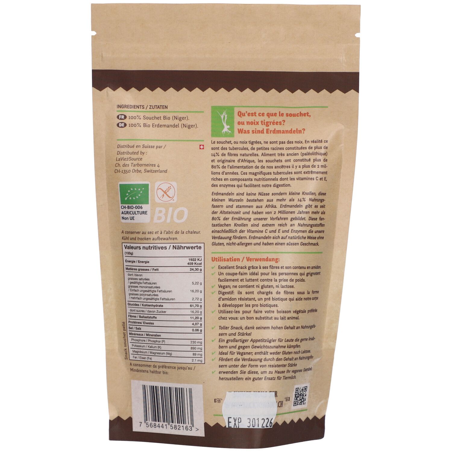 Dos du paquet avec informations nutritionnelles, texte en allemand et français, label Bio.