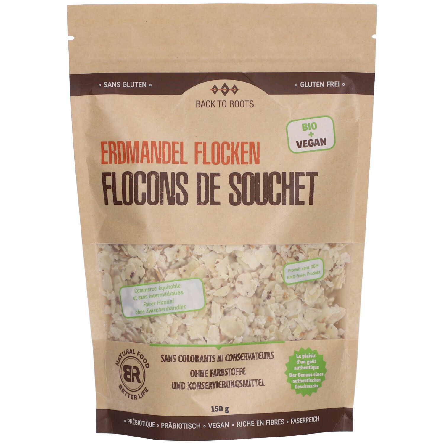 Sachet de flocons d'amande de terre. Fenêtre transparente révélant le contenu. Texte : Bio, Vegan, sans colorants ni conservateurs.