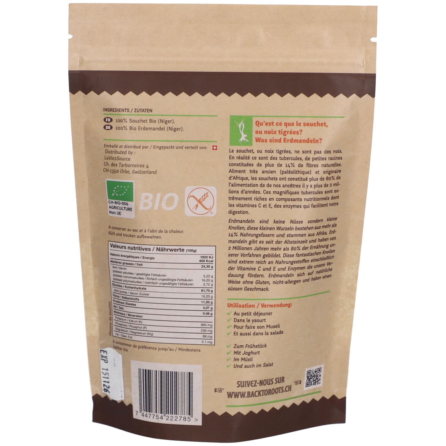 Dos du paquet avec informations nutritionnelles et texte. Label Bio et texte : ingrédients, distribution, date de péremption, QR code.