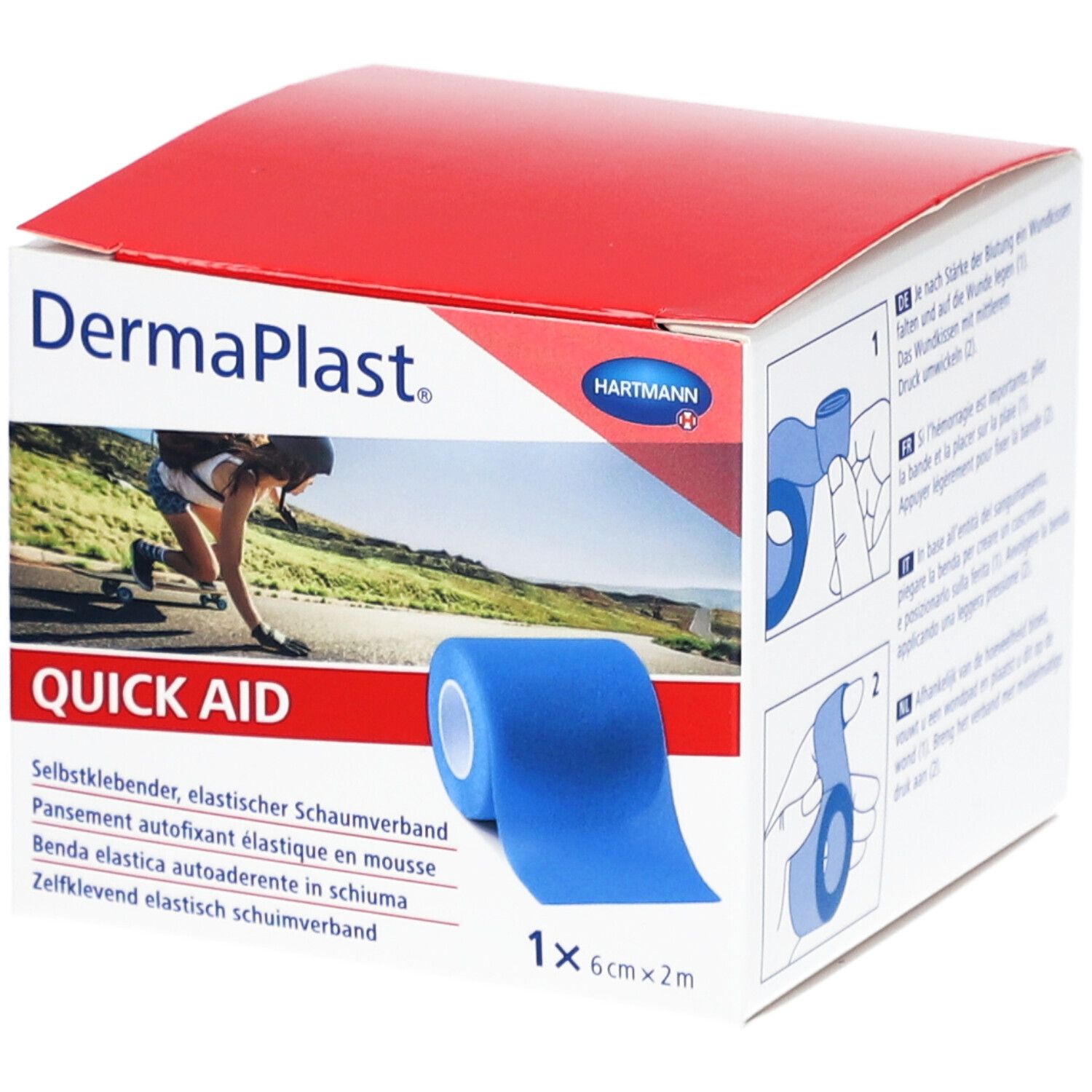 Verpackung von DermaPlast Quick Aid. Blauer, selbstklebender Schaumverband. 6 cm x 2 m. Box mit rotem Deckel, Frau beim Skateboarden.