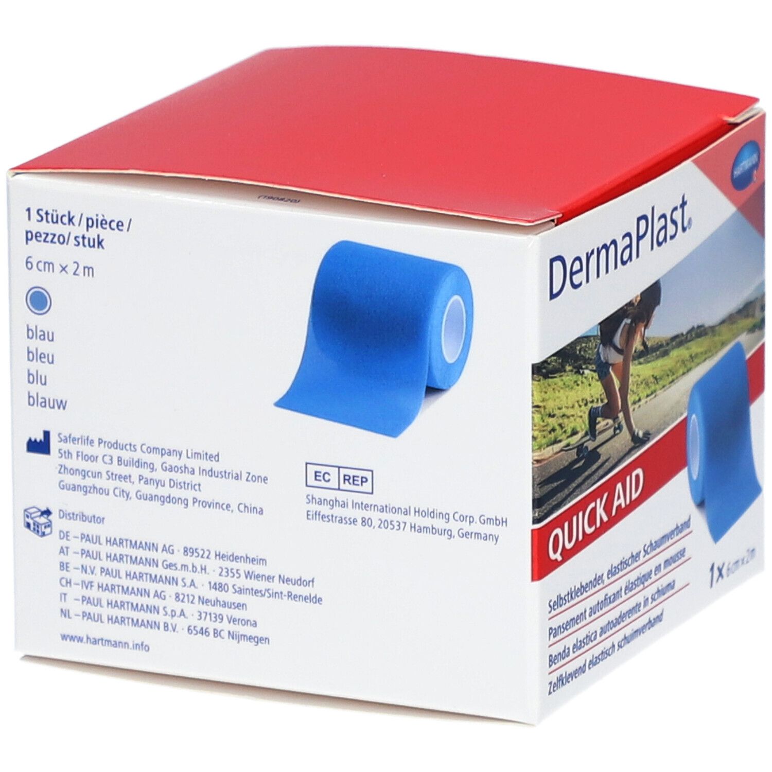 Verpackung von DermaPlast Quick Aid. Blauer Schaumverband. 6 cm x 2 m. Box mit rotem Deckel. Aufdrucke in verschiedenen Sprachen.