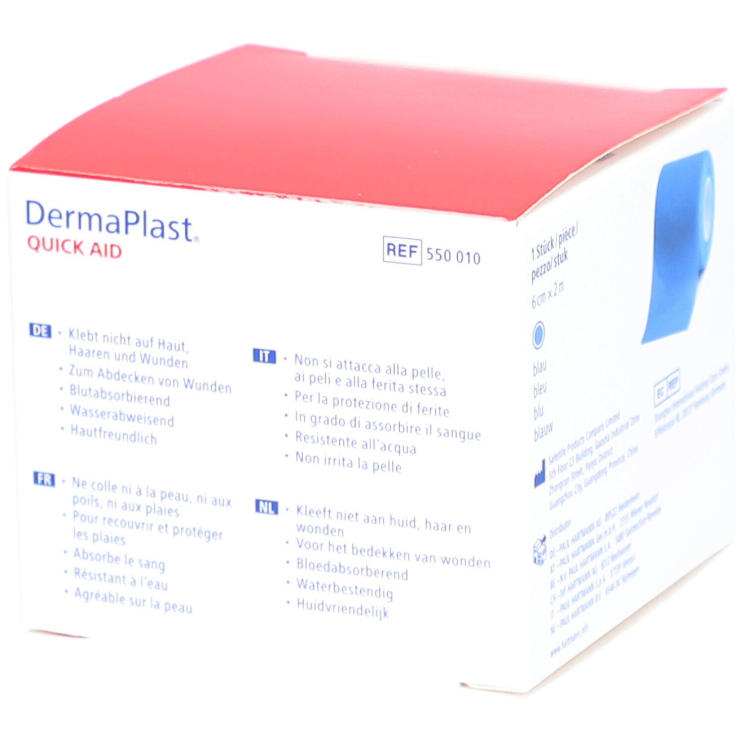 Verpackung von DermaPlast Quick Aid. Box mit rotem Deckel. Produktinformationen in verschiedenen Sprachen. Blauer Verband.